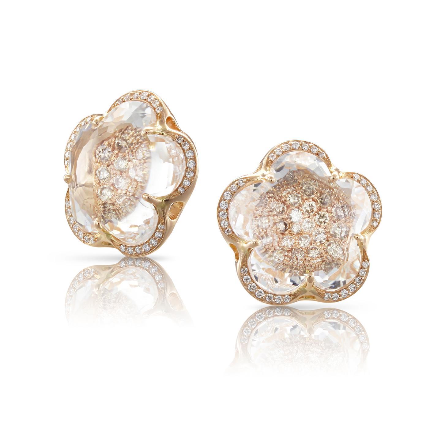 Pasquale Bruni Bon Ton stud earrings in 18k Rose Gold with Rock Crystal, White and Champagne Diamonds, reference 16110R