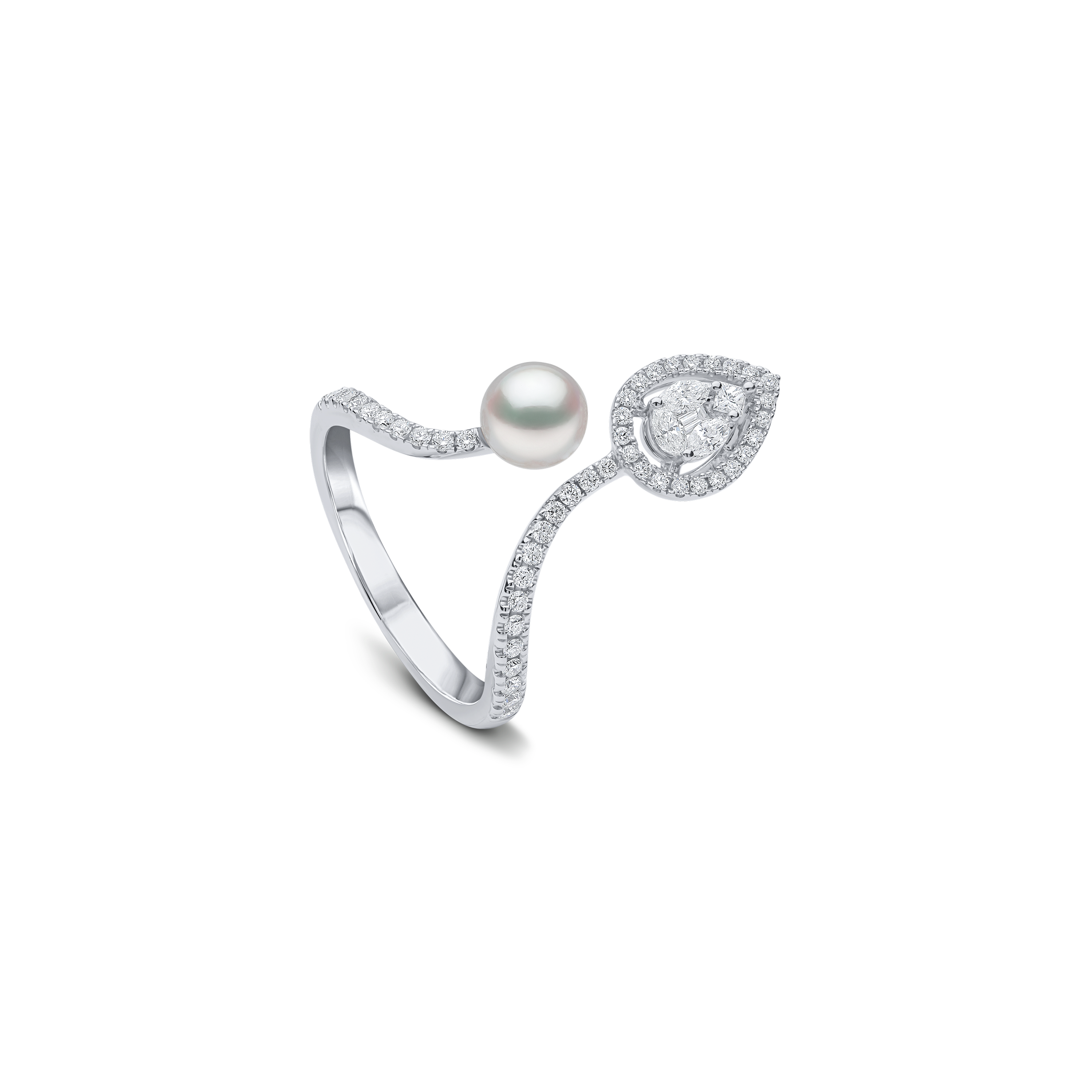 Baby Glitz 18K Gold Akoya Pearl and Multi Diamond Open Ring