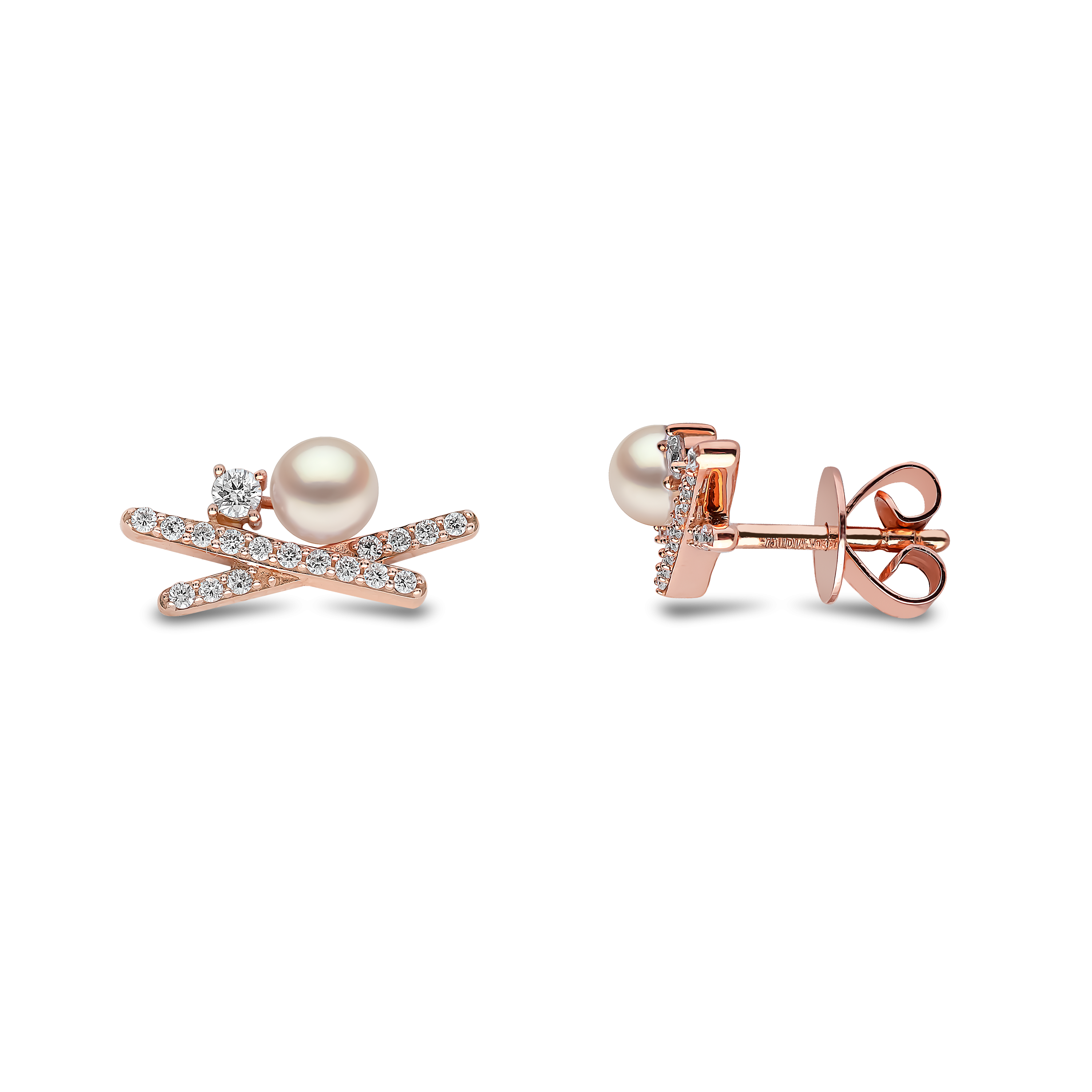 Sleek 18K Gold Pearl and Mini Diamond Cross Stud Earrings
