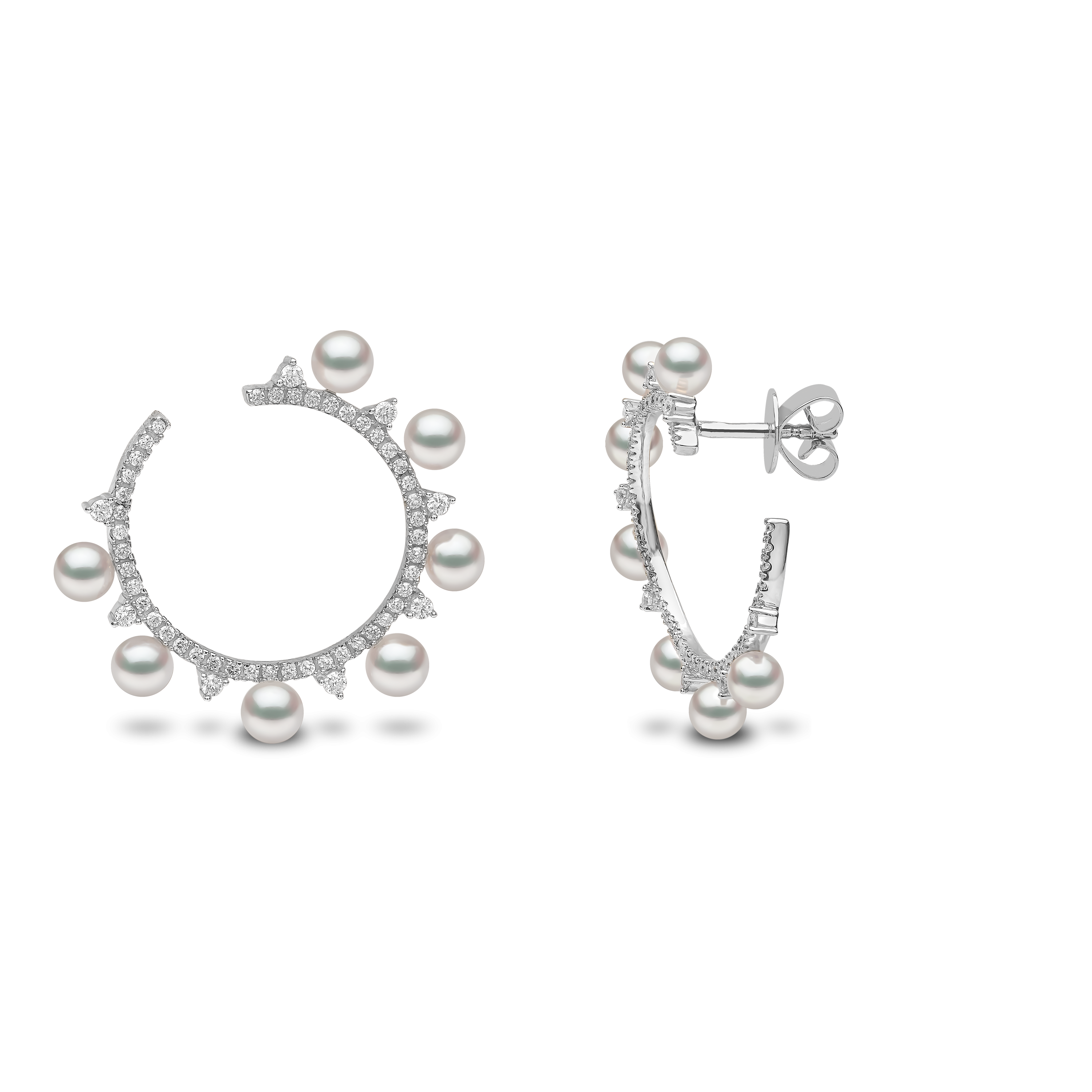 Sleek 18K Gold Pearl and Diamond Circle Earrings