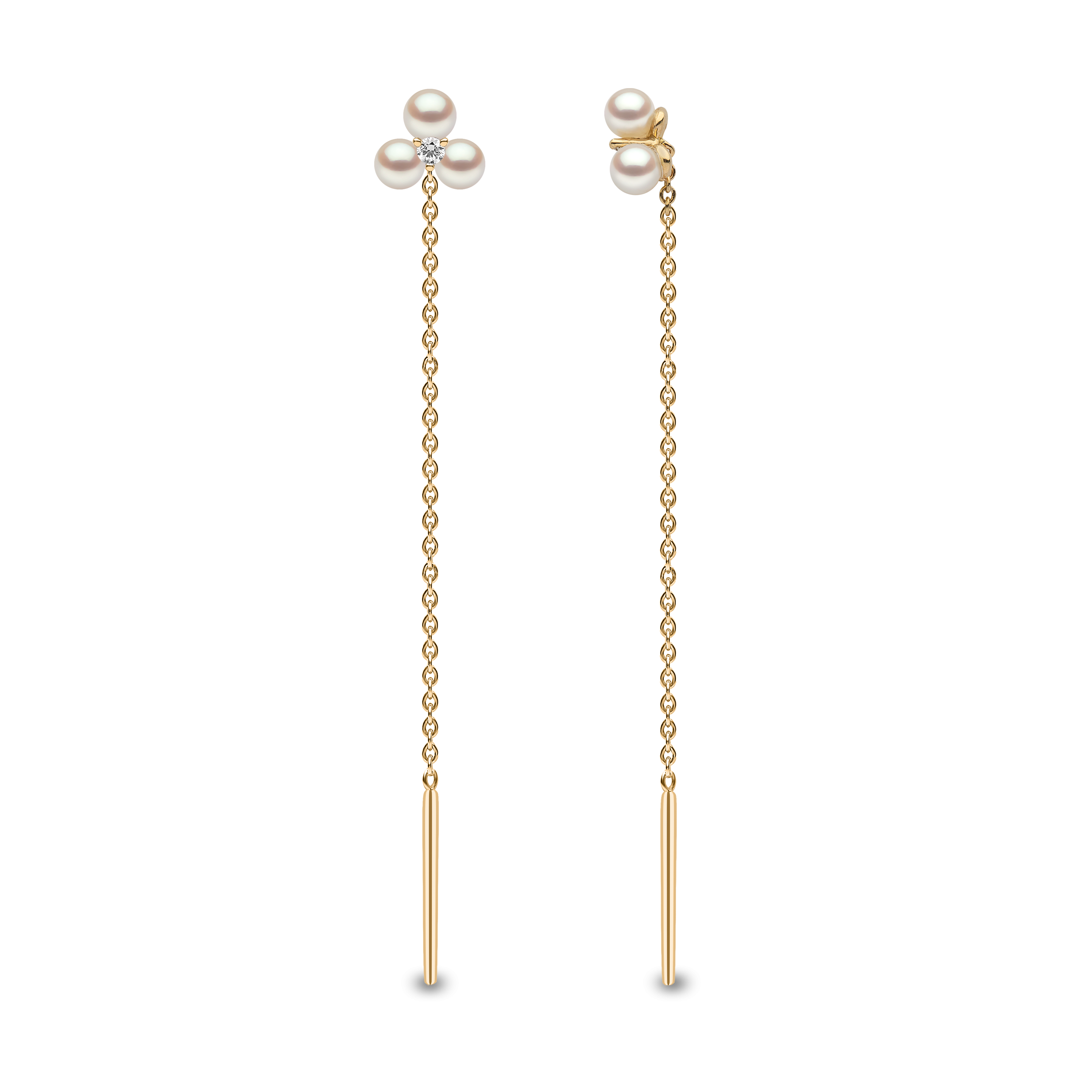 Trend 18K Gold Triple Freshwater Pearl and Diamond Pull Through Chain Earrings