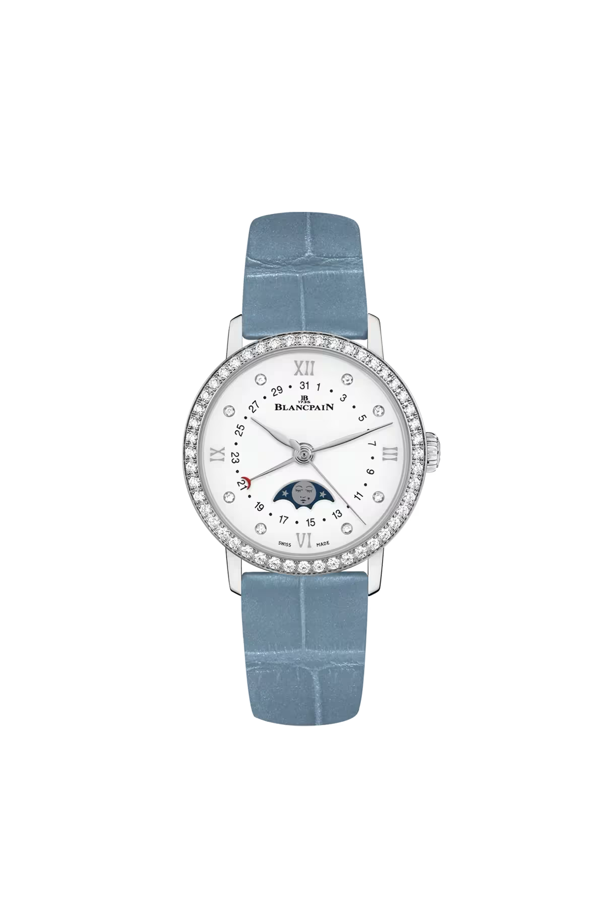 Blancpain Villeret Moonphase Calendar 29.2 mm with steel case and diamond-set white dial, reference 6106-4628-95A