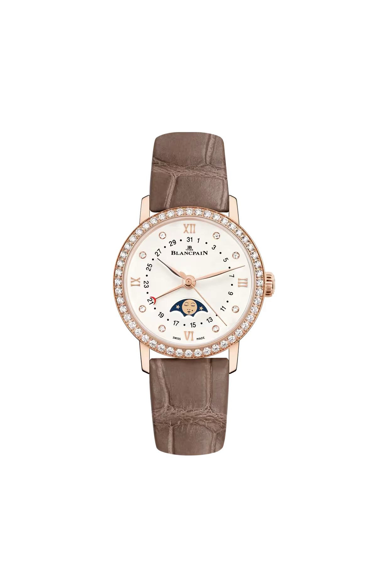 Blancpain Villeret Moonphase Calendar 29.2 mm with red gold case and diamond-set opaline dial, reference 6106-2987-55A