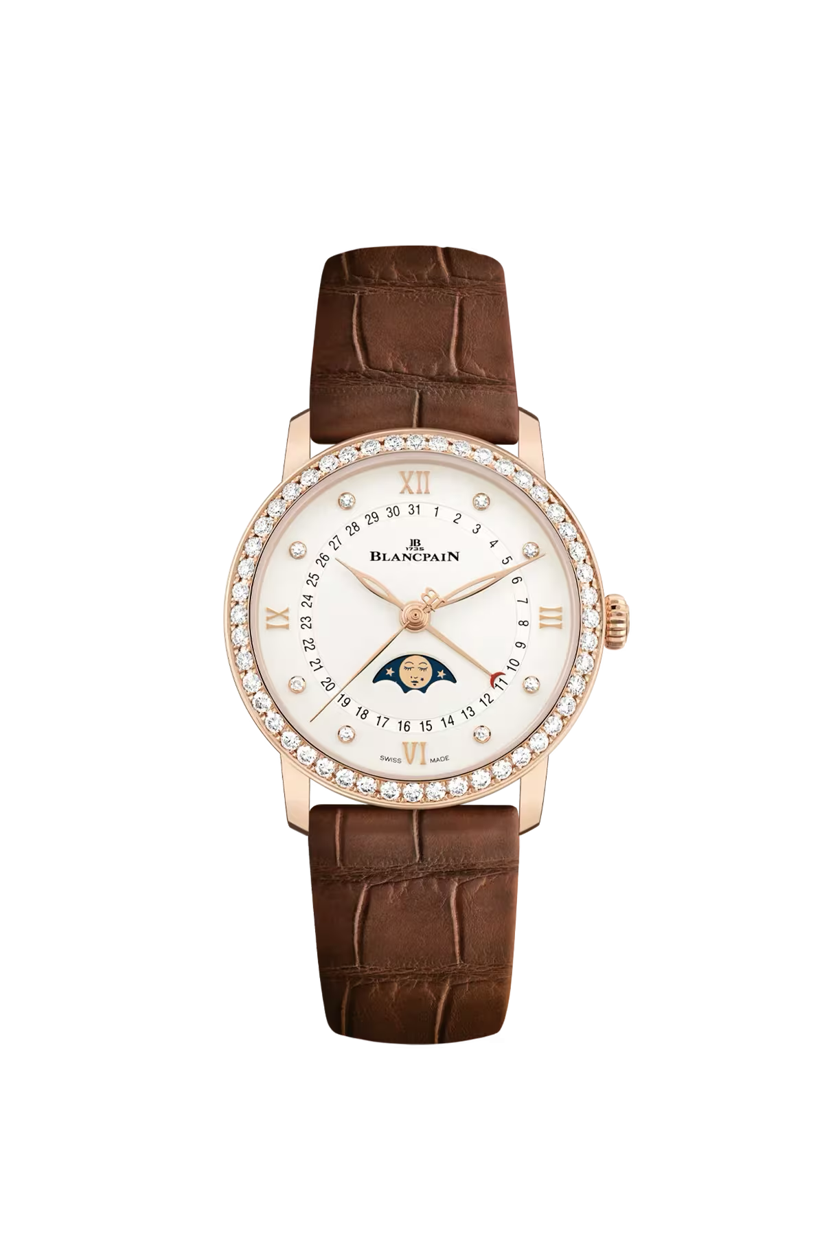 Blancpain Villeret Moonphase Calendar 33.2 mm with red gold case and diamond-set opaline dial, reference 6126-2987-55B