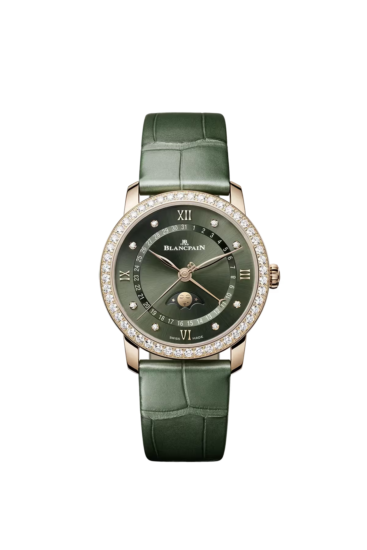 Blancpain Villeret Moonphase Calendar 33.2 mm with red gold case and sunburst green dial, reference 6126-2953-55B