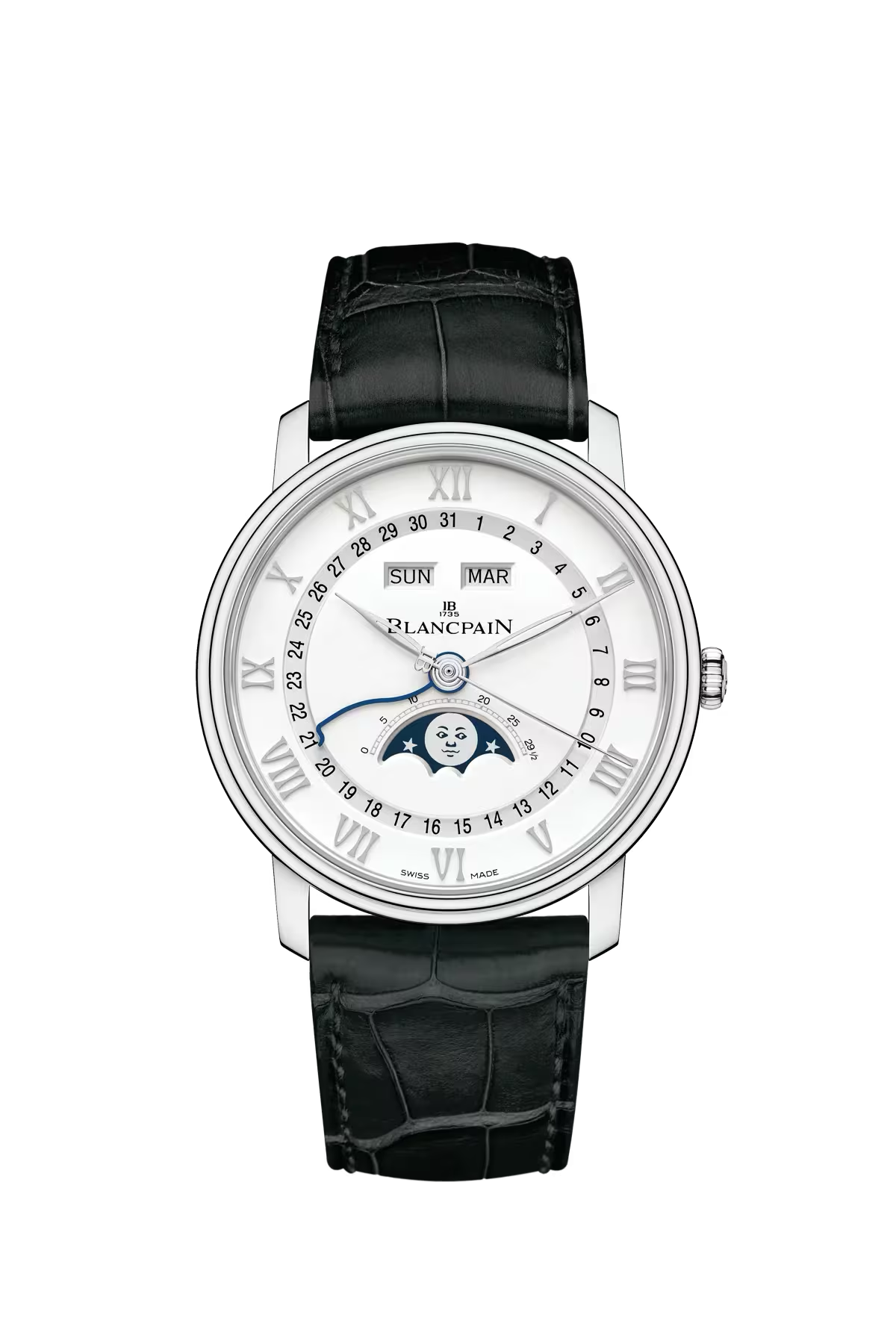 Blancpain Villeret Complete Calendar 40 mm with steel case and white dial, reference 6654A-1127-55B
