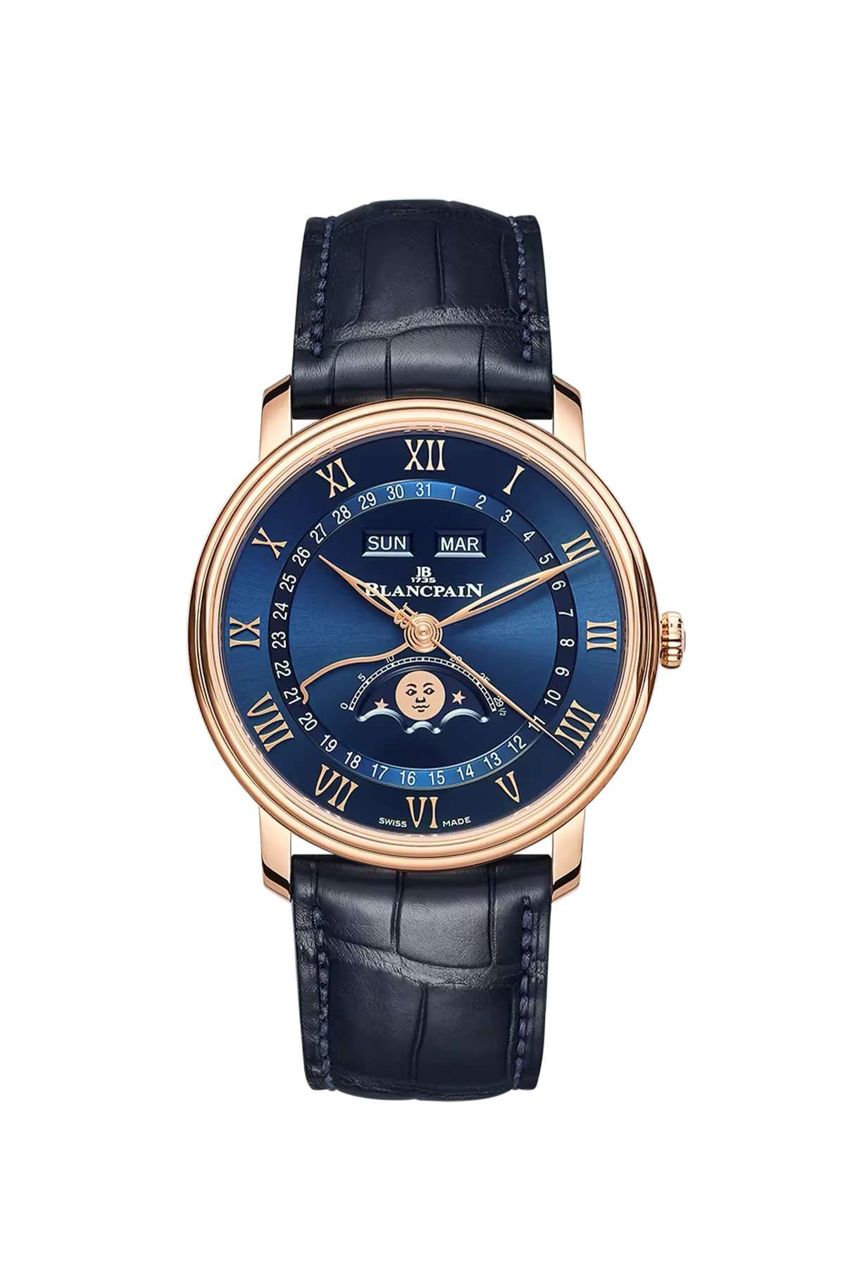Blancpain Villeret Complete Calendar 40 mm with red gold case and sunburst blue dial, reference 6654-3640-55B