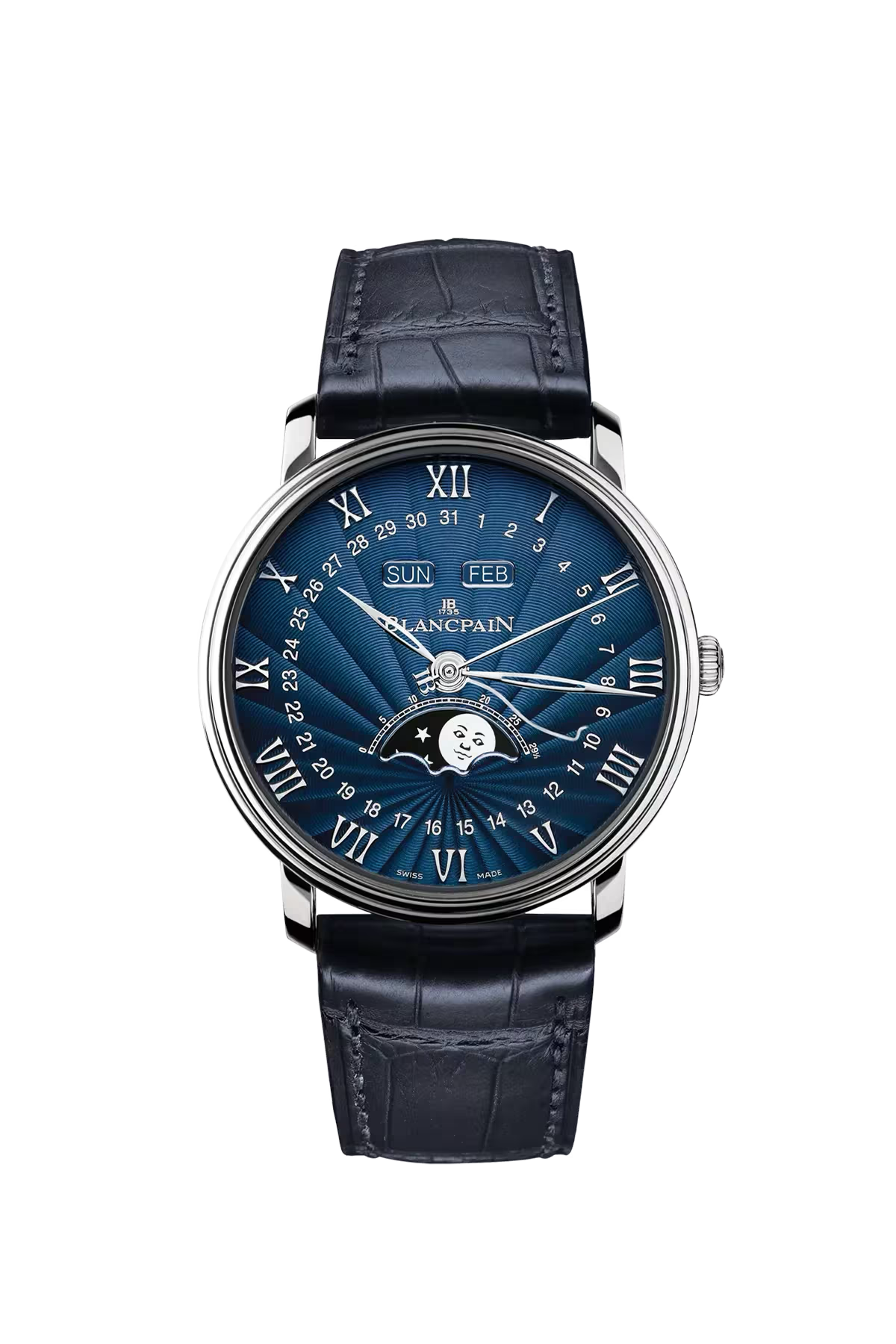 Blancpain Villeret Complete Calendar 40 mm with white gold case and blue lacquered flinqué dial, reference 6654-1529-55B
