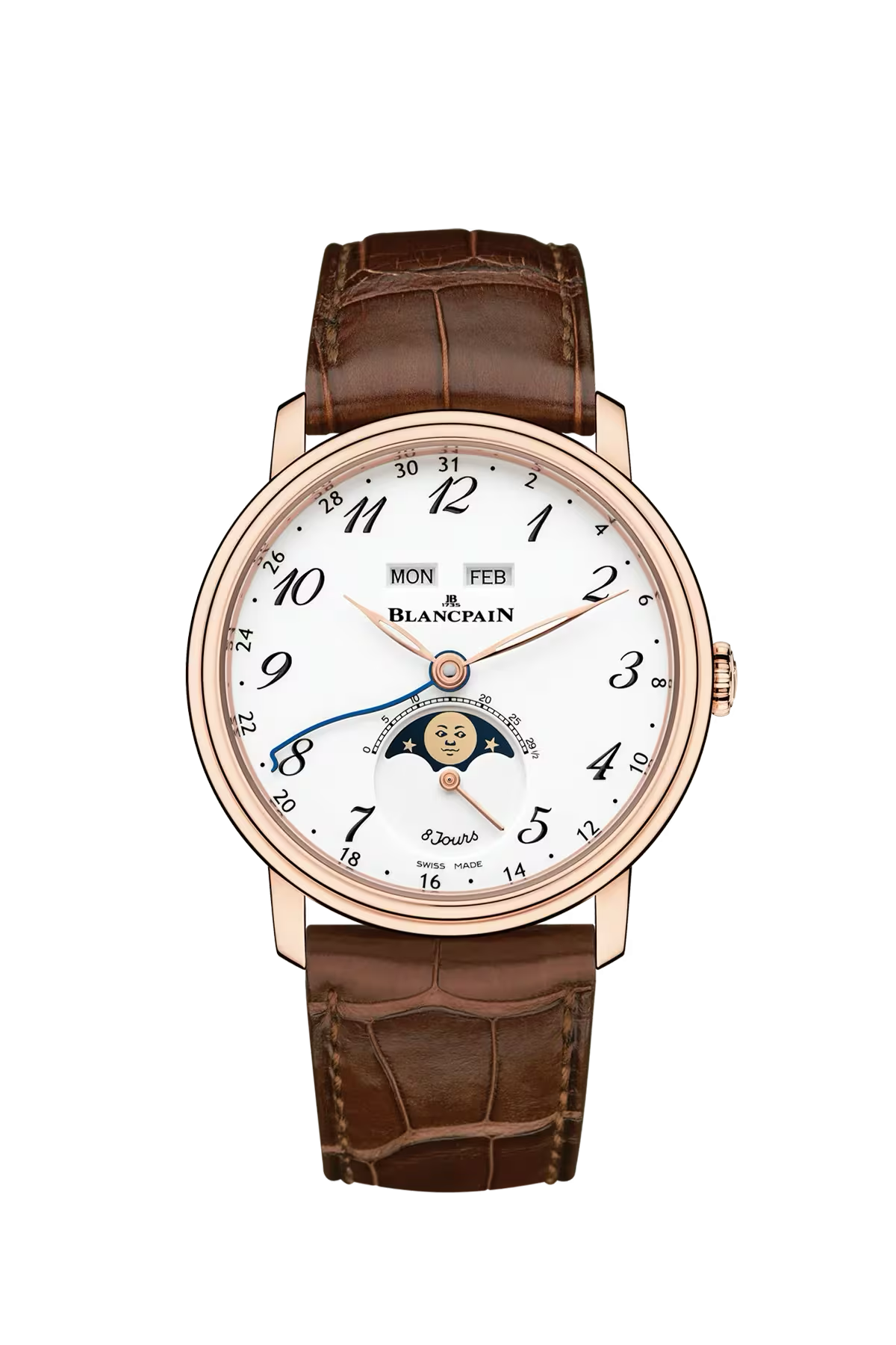 Blancpain Villeret Complete Calendar 8 Days 42 mm with red gold case and cambered white grand feu enamel dial, reference 6639A-3631-55B