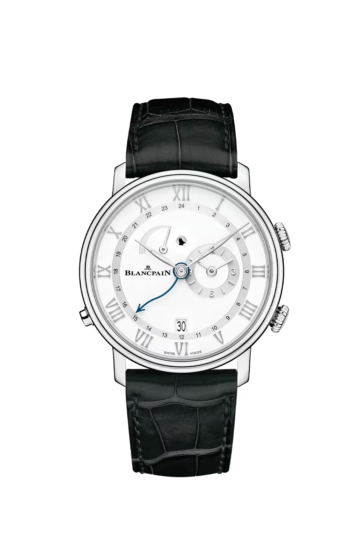 Blancpain Villeret Alarm GMT 40.3 mm with steel case and white dial, reference 6640-1127-55B
