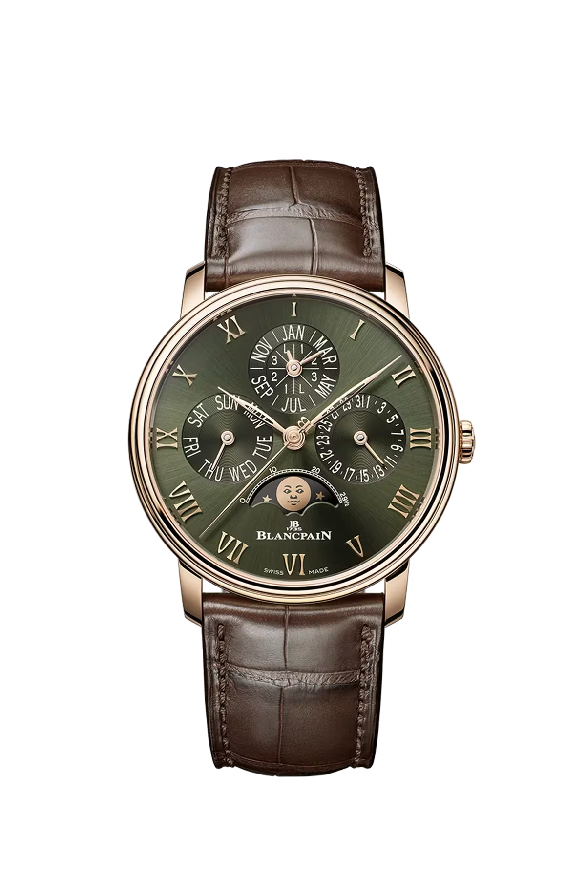 Blancpain Villeret Perpetual Calendar 40.3 mm with red gold case and sunburst green dial, reference 6656-3653-55B