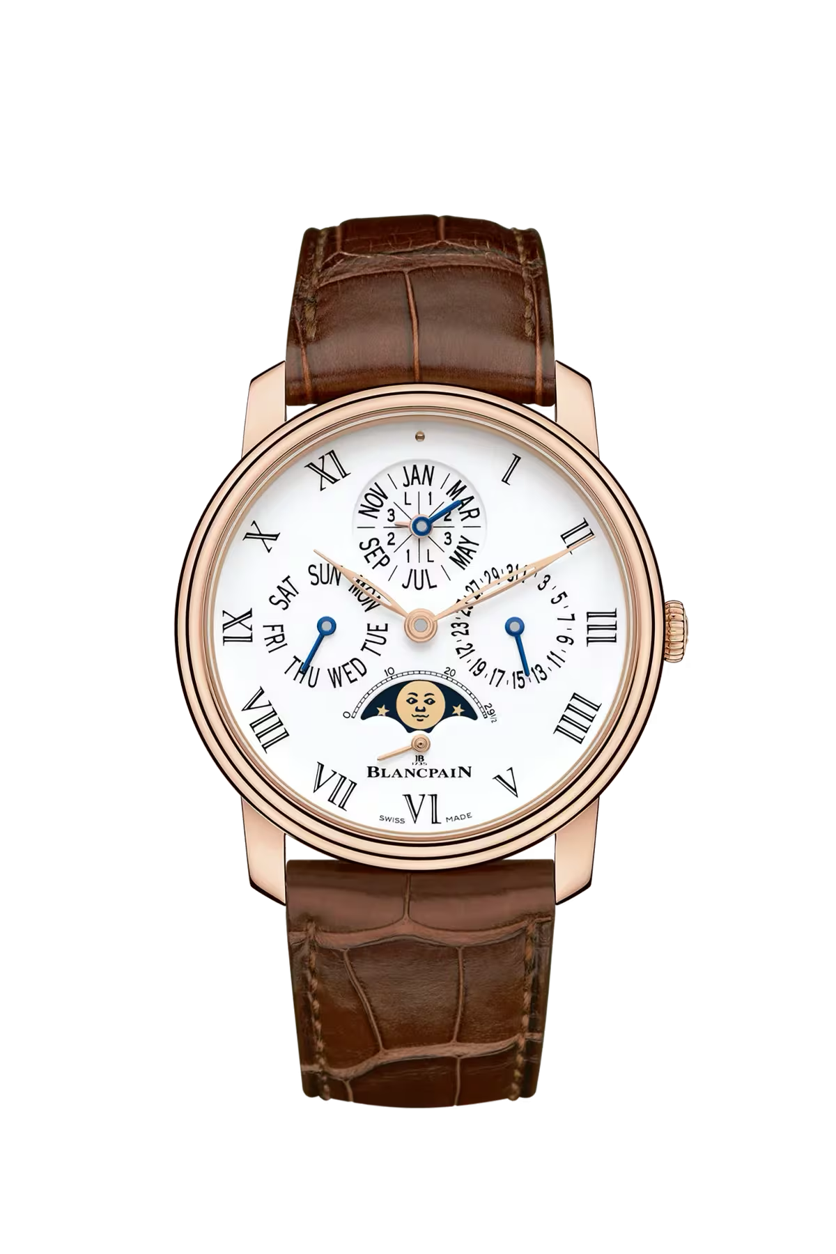 Blancpain Villeret Perpetual Calendar 8 Days 42 mm with red gold case and cambered white grand feu enamel dial, reference 6659-3631-55B