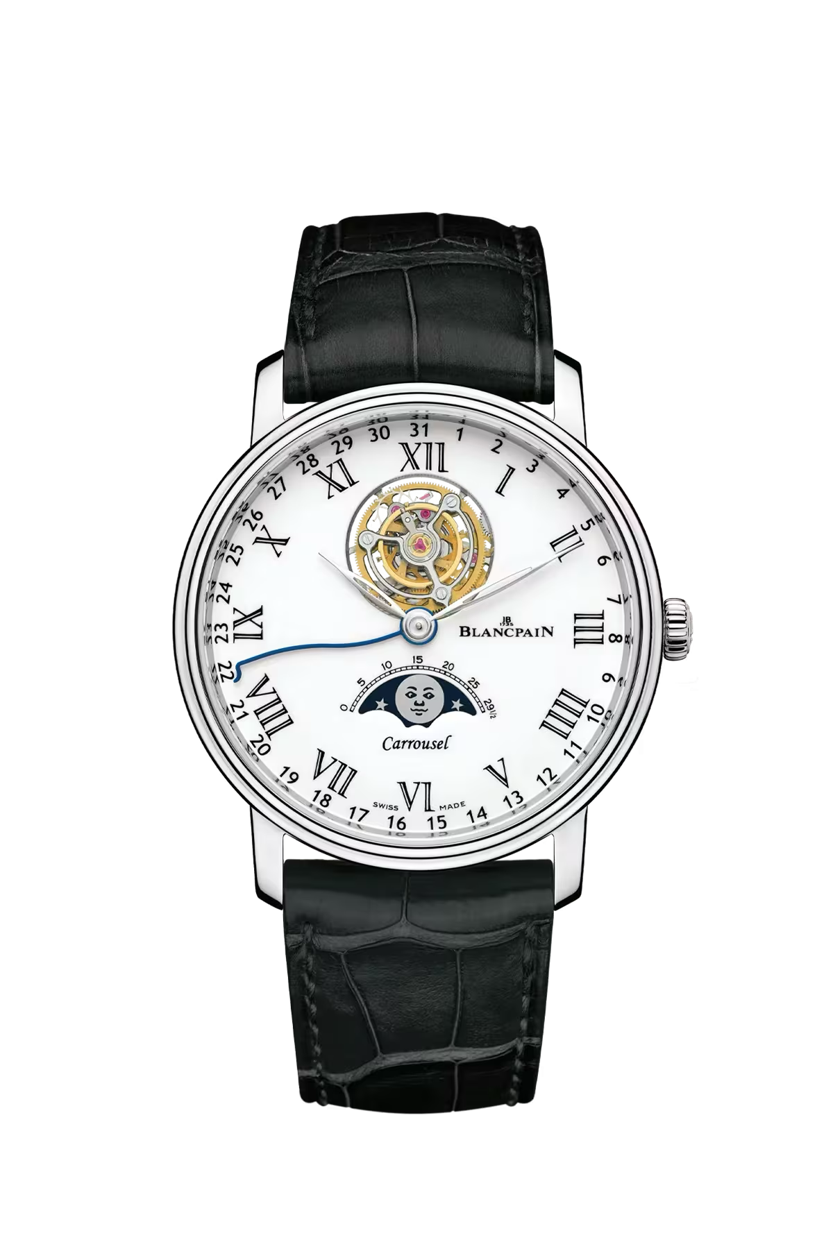 Blancpain Villeret Carrousel Moonphase 42 mm with platinum case and cambered white grand feu enamel dial, reference 6622L-3431-55B