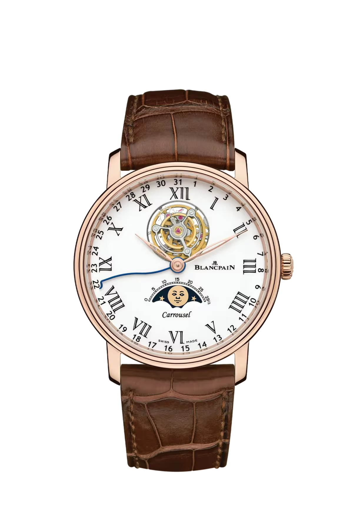 Blancpain Villeret Carrousel Moonphase 42 mm with red gold case and cambered white grand feu enamel dial, reference 6622L-3631-55B