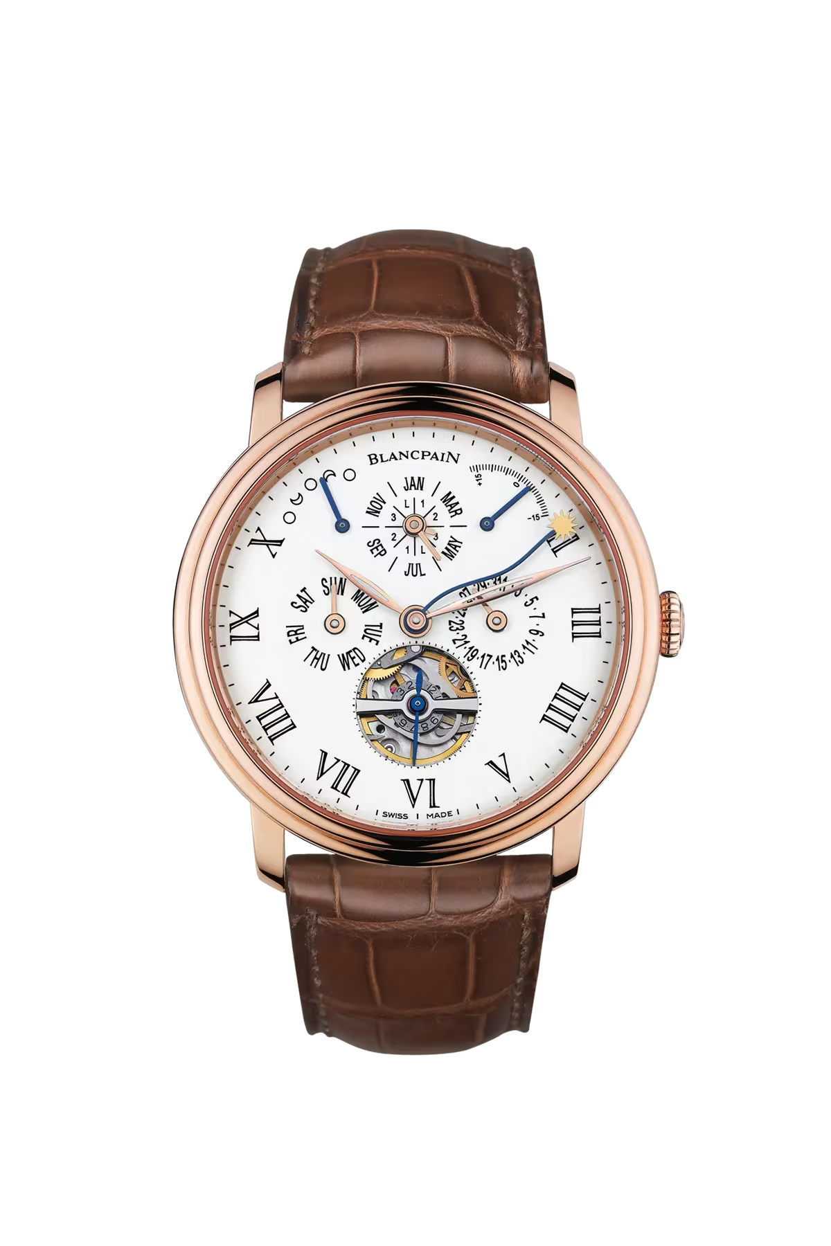 Blancpain Villeret Running Equation of Time 42 mm with red gold case and cambered white grand feu enamel dial, reference 6638-3631-55B