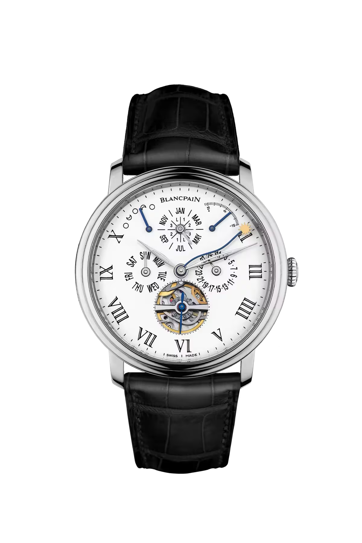 Blancpain Villeret Running Equation of Time 42 mm with platinum case and cambered white grand feu enamel dial, reference 6638-3431-55B