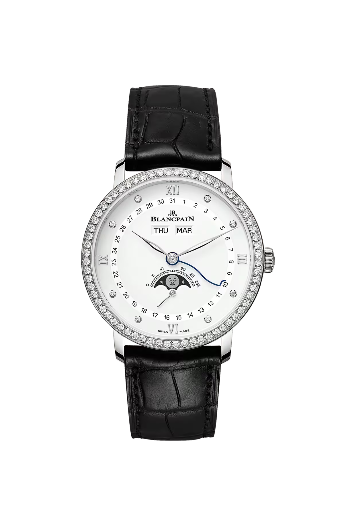 Blancpain Villeret Complete Calendar 38 mm with steel case and diamond-set white dial, reference 6264-4628-55B