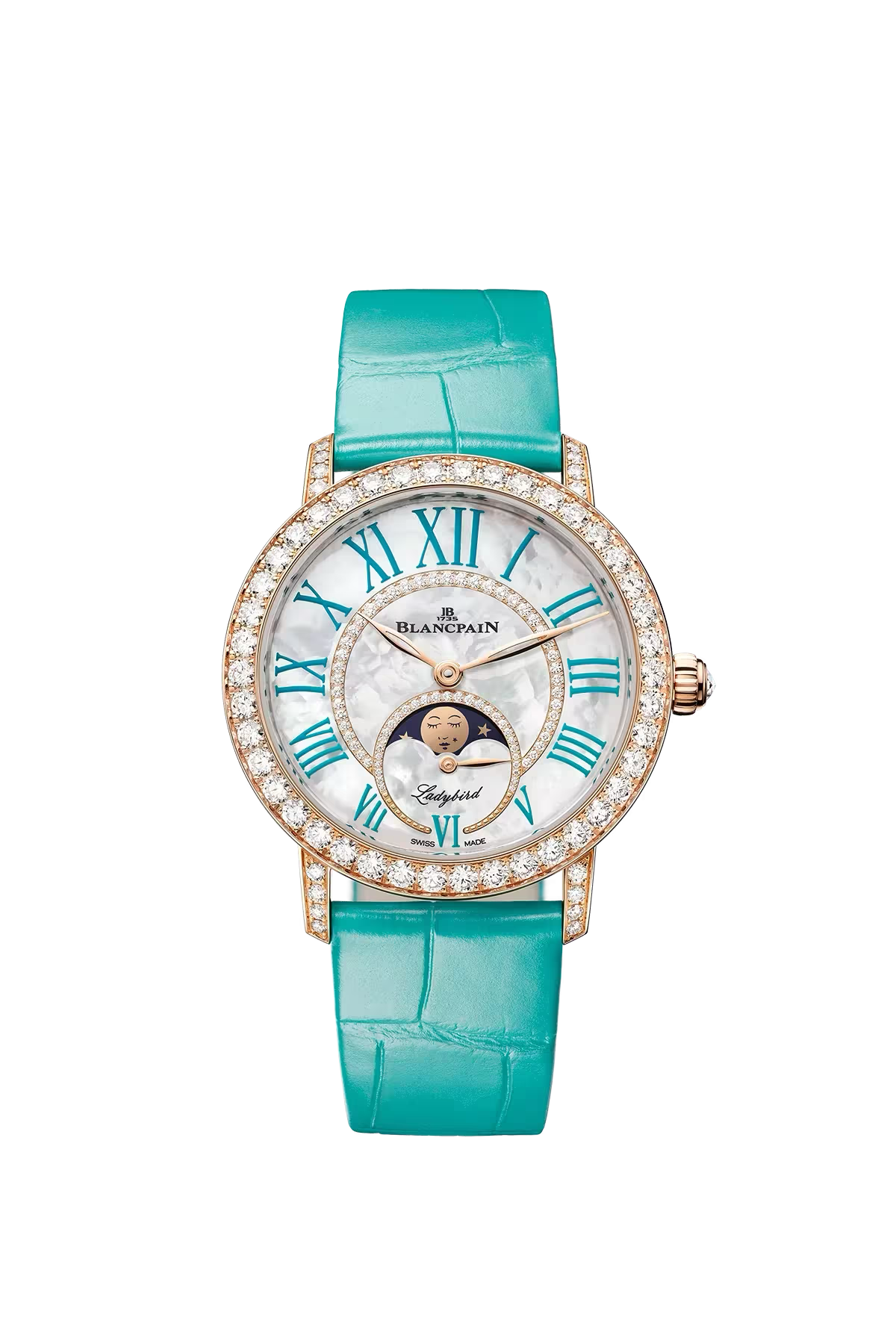 Blancpain Ladybird Colors Moonphase 34.9 mm with red gold case and diamond-set mother-of-pearl dial, reference 3662A-2954-55B
