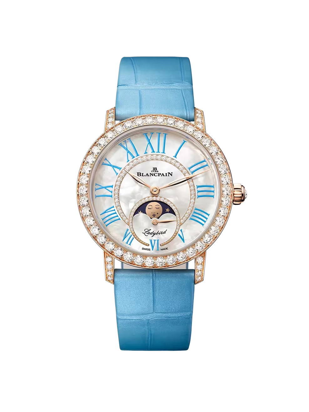 Blancpain Ladybird Colors Moonphase 34.9 mm with red gold case and diamond-set mother-of-pearl dial, reference 3662D-2954-55B