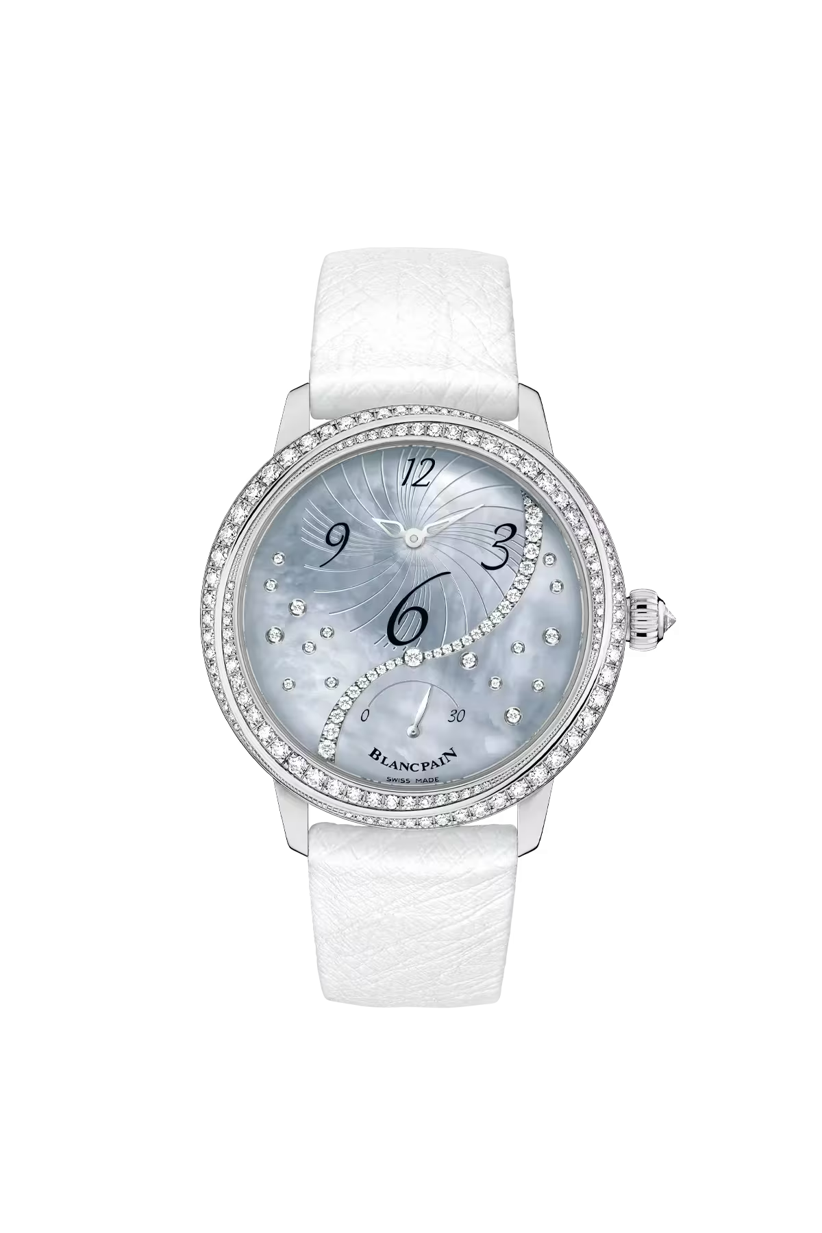 Blancpain Ladybird Off-Centered 36.8 mm with white gold case and diamond-set blue mother-of-pearl dial, reference 3650A-3554L-58B