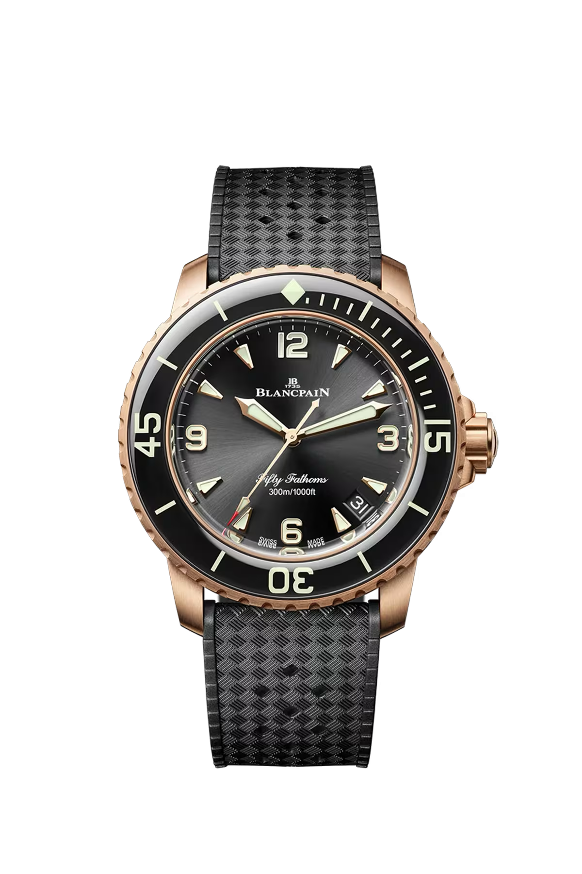Blancpain Fifty Fathoms Automatique 42.3 mm with red gold case and sunburst black dial, reference 5010-36B30-B64B