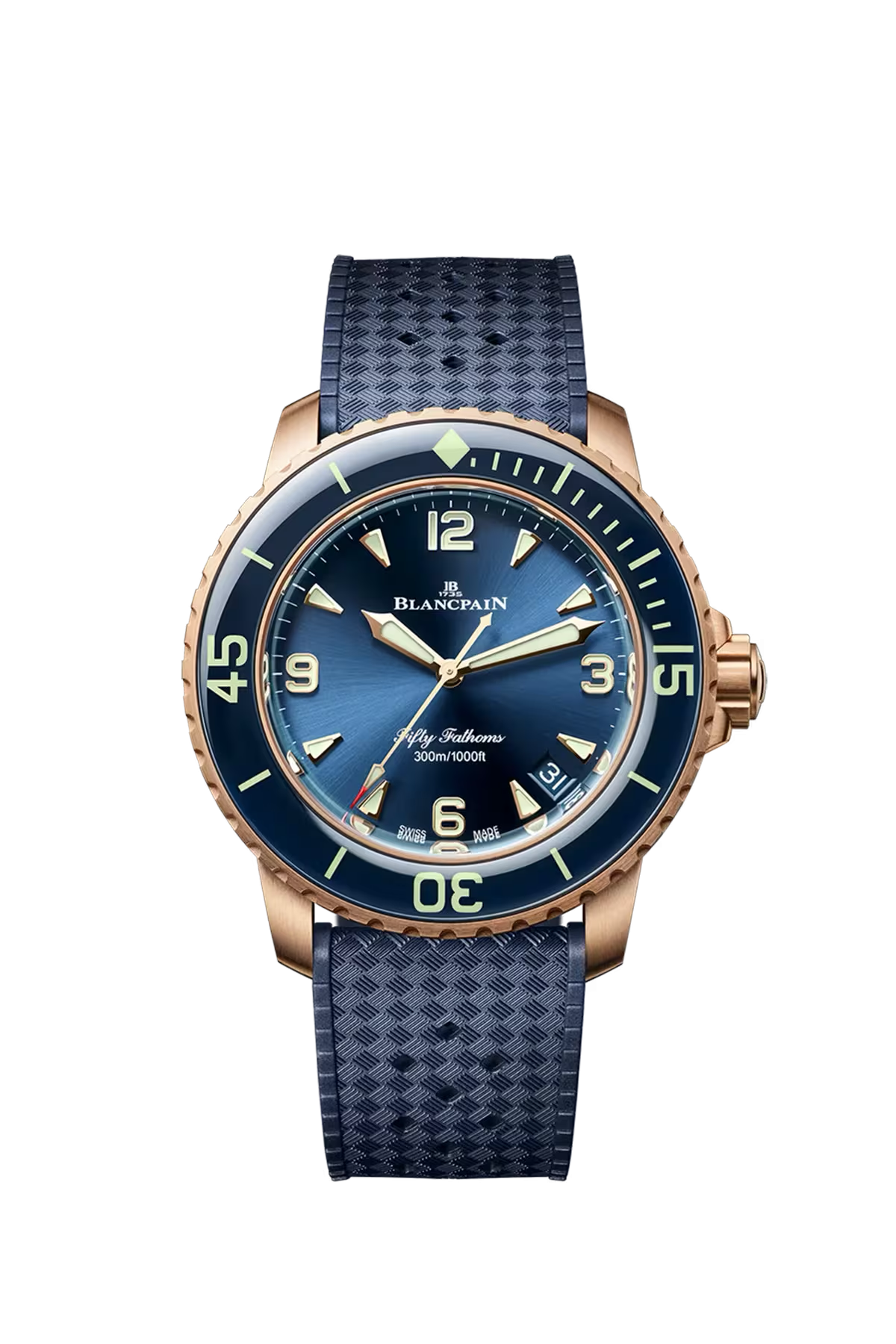 Blancpain Fifty Fathoms Automatique 42.3 mm with red gold case and sunburst blue dial, reference 5010-36B40-O64B