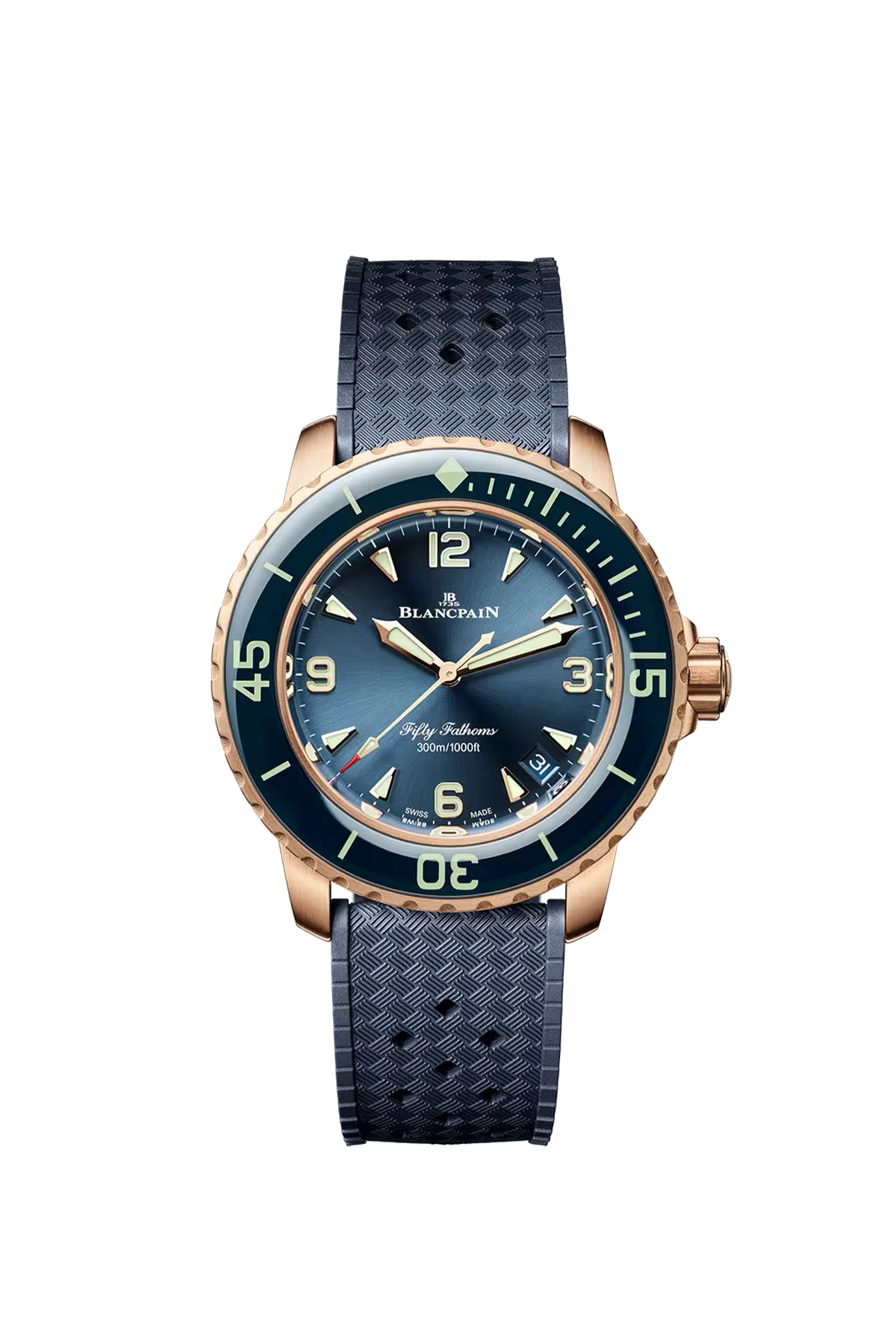 Blancpain Fifty Fathoms Automatique 38.2 mm with red gold case and sunburst blue dial, reference 5007-36B40-O64B