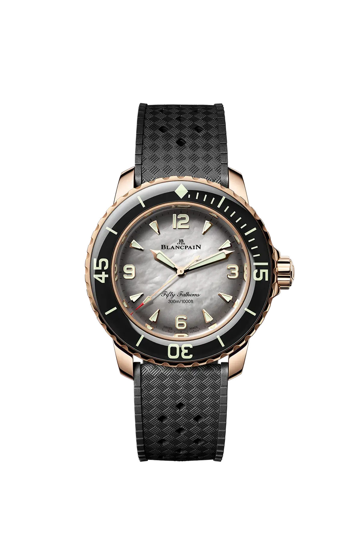Blancpain Fifty Fathoms Automatique 38.2 mm with red gold case and gradient black mother-of-pearl dial, reference 5007-3644A-B64B
