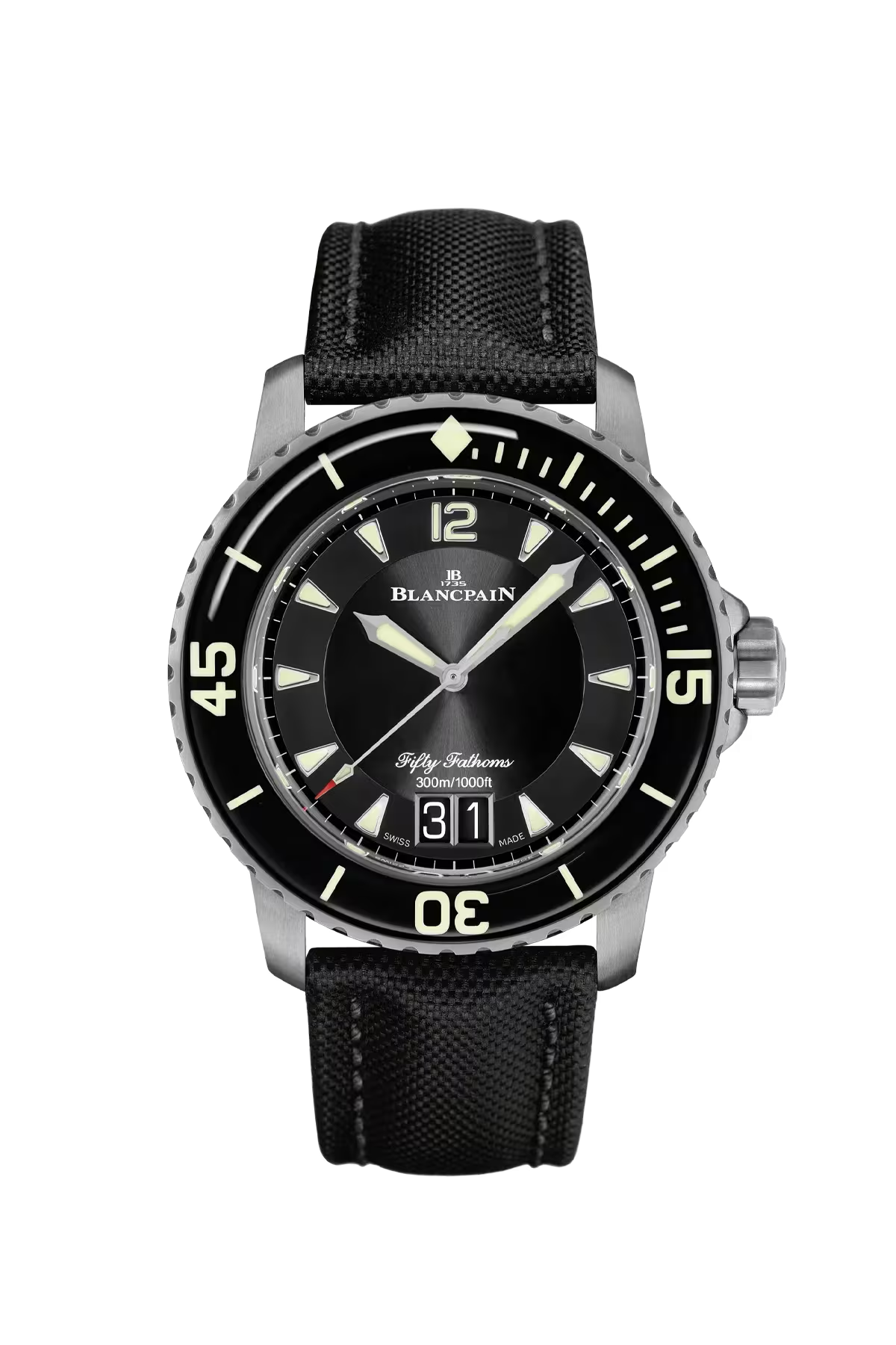 Blancpain Fifty Fathoms Grande Date 45 mm with titanium case and black dial, reference 5050-12B30-B52B