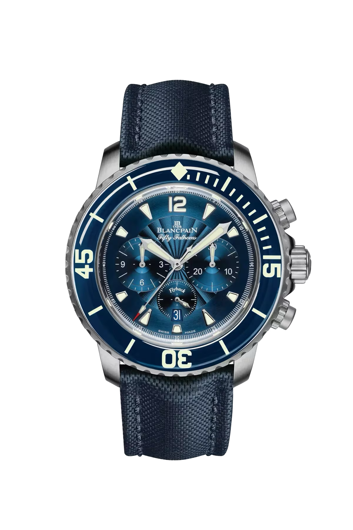 Blancpain Fifty Fathoms Flyback Chronograph 45 mm with steel case and sunburst blue dial, reference 5085FB-1140-52B