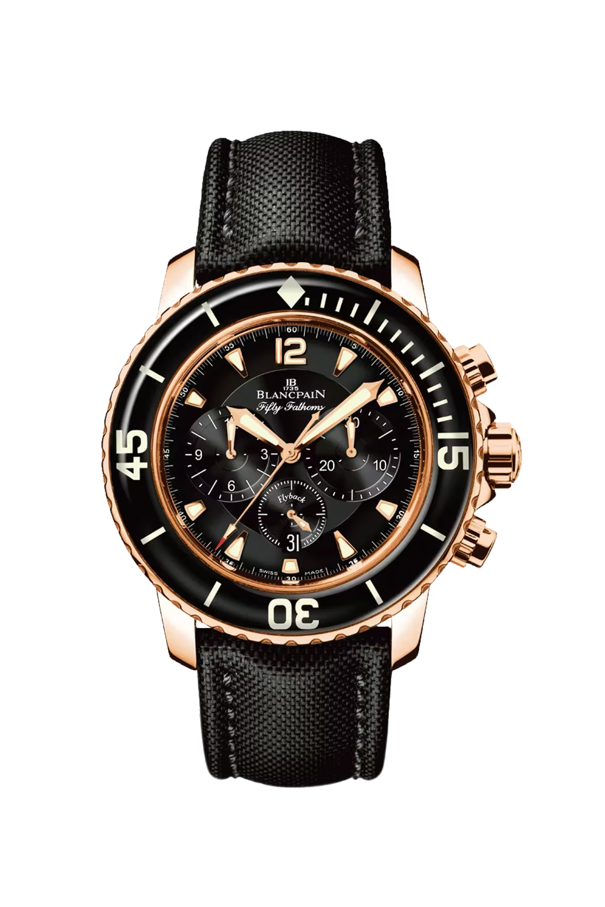 Blancpain Fifty Fathoms Flyback Chronograph 45 mm with red gold case and black dial, reference 5085F-3630-52B
