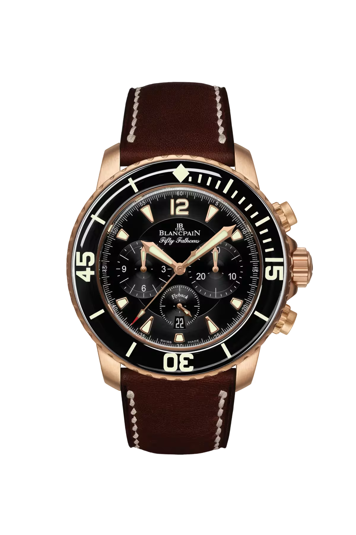 Blancpain Fifty Fathoms Flyback Chronograph 45 mm with red gold case and black dial, reference 5085FA-3630-63B