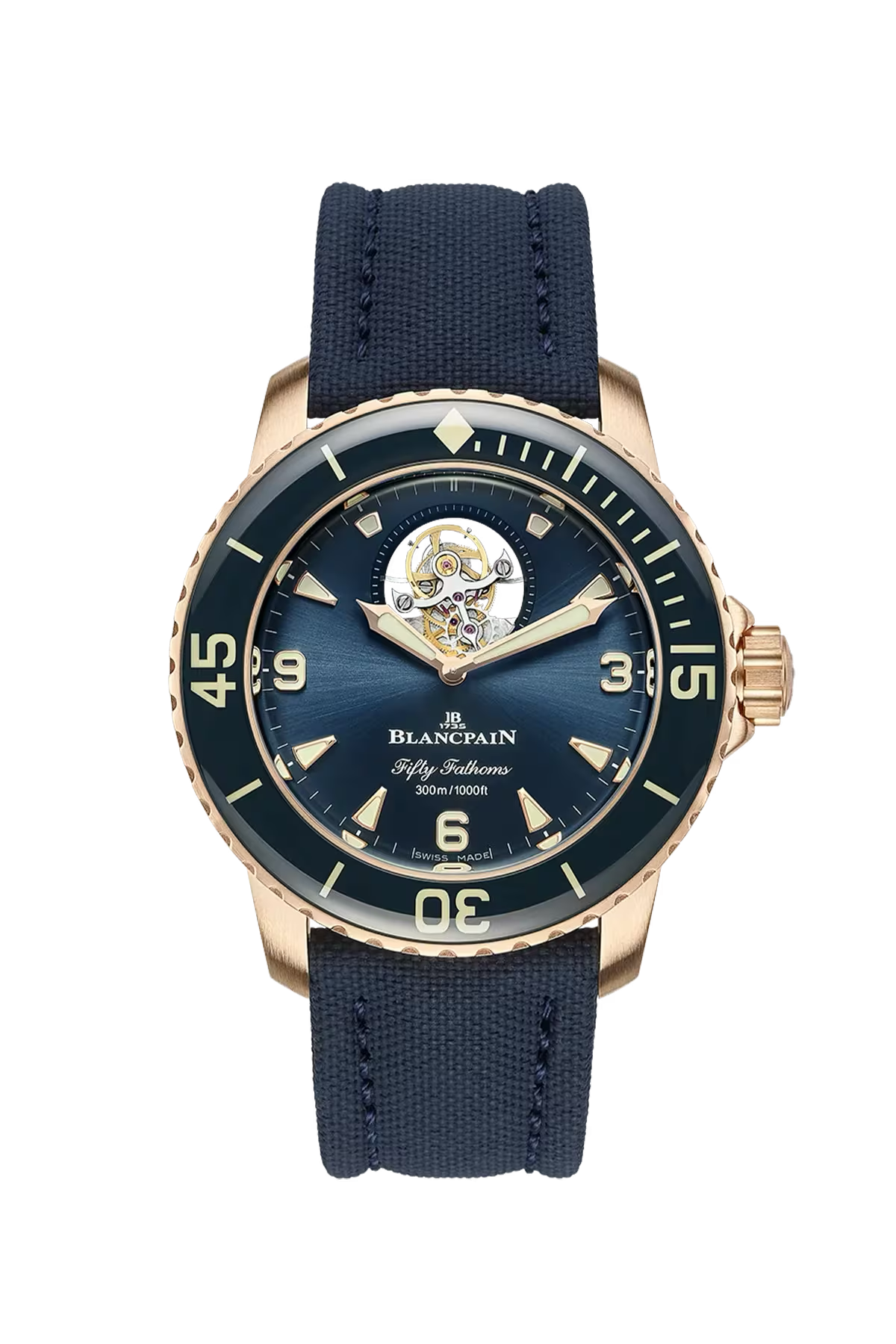 Blancpain Fifty Fathoms Tourbillon 8 Days 45 mm with red gold case and sunburst blue dial, reference 5025-36B40-O52B
