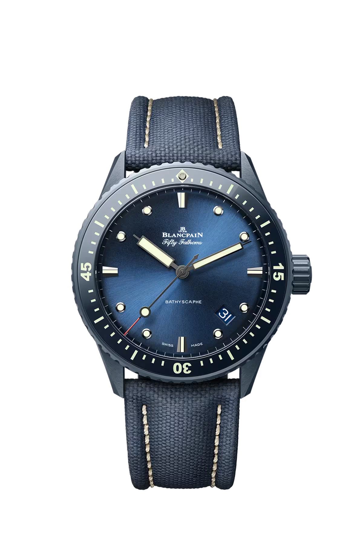Blancpain Bathyscaphe 43.6 mm with ceramic case and sunburst blue dial, reference 5000-0640-O52A