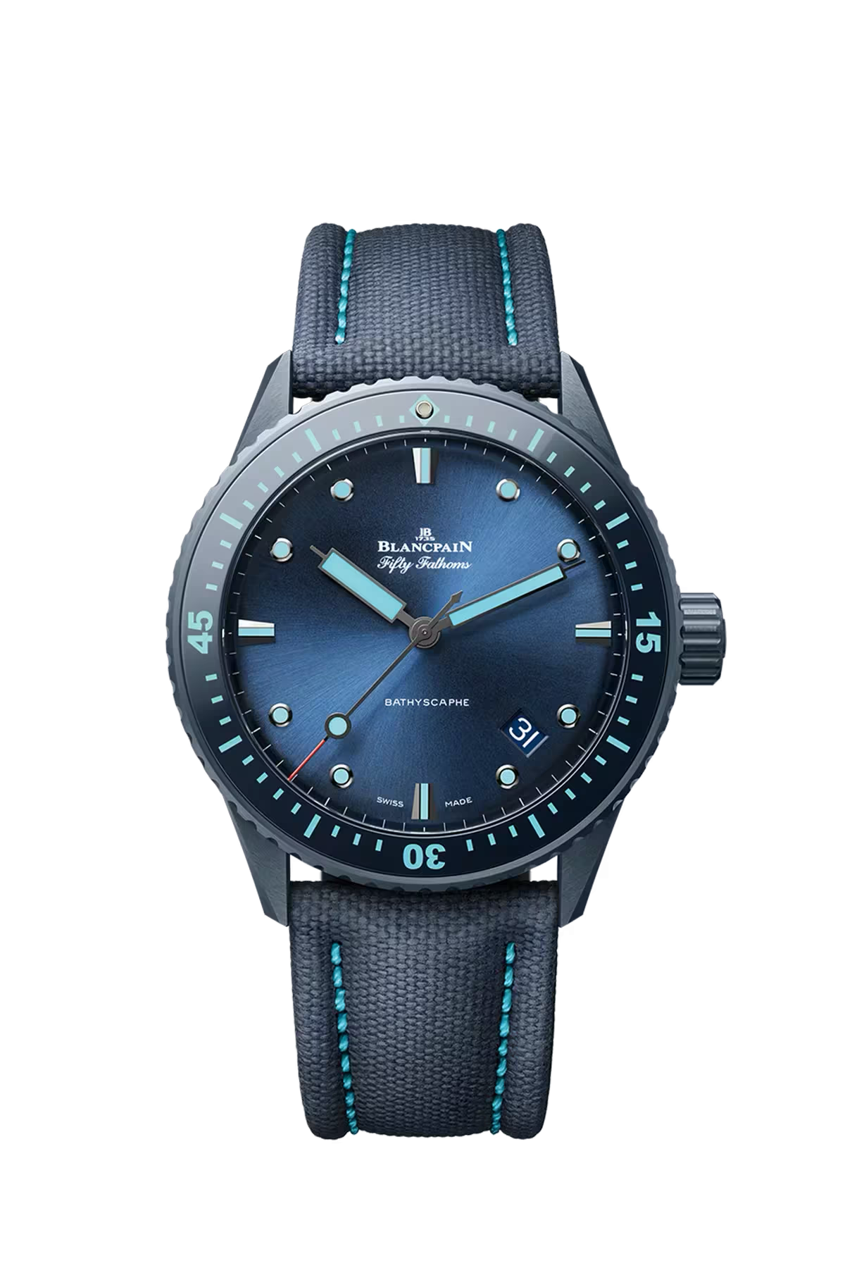 Blancpain Bathyscaphe 43.6 mm with ceramic case and sunburst blue dial, reference 5000A-0640-O52A