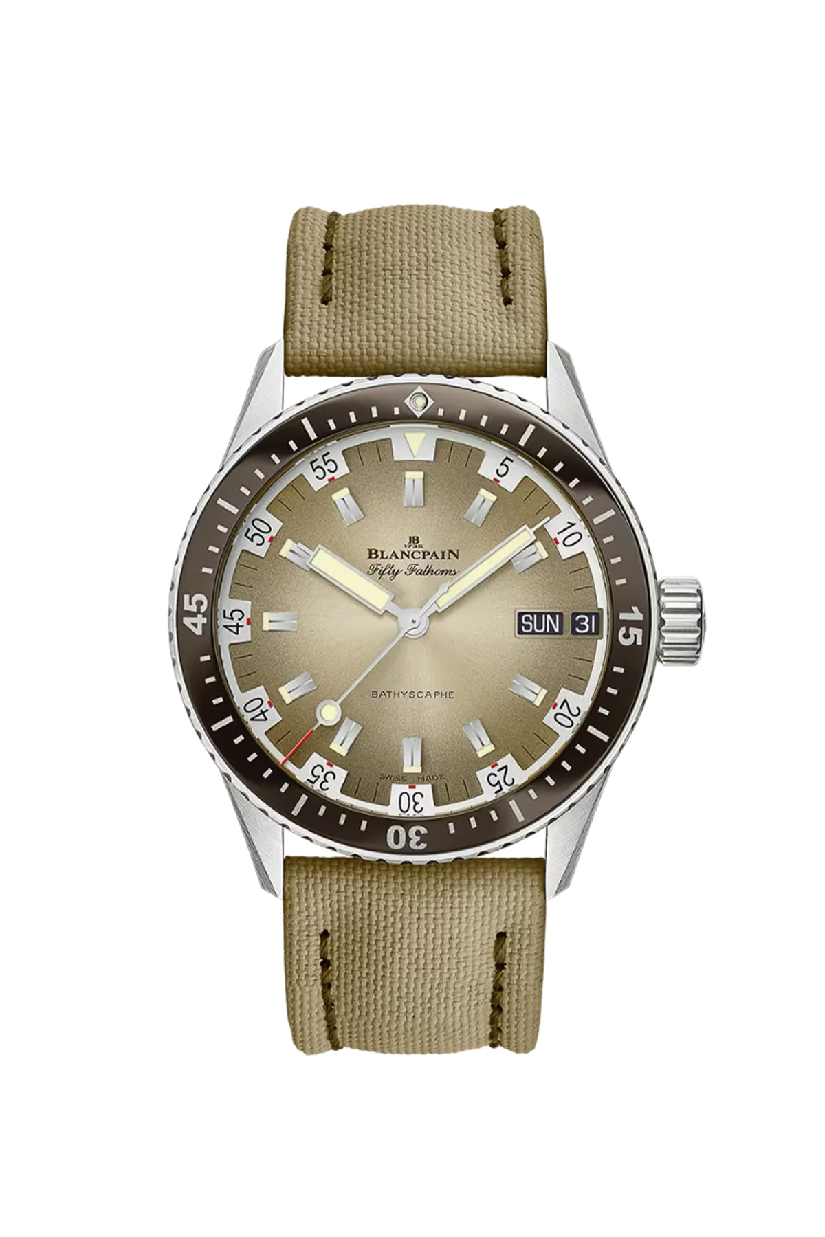 Blancpain Bathyscaphe Day Date Desert 43 mm with steel case and gradient sand-colored dial, reference 5052-1146-E52A