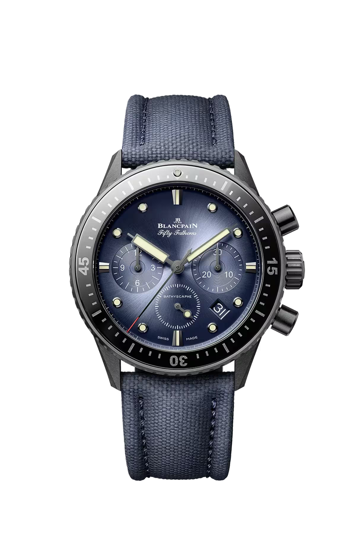 Blancpain Bathyscaphe Chronographe Flyback 43.6 mm with ceramic case and gradient blue dial, reference 5200-0140-O52A