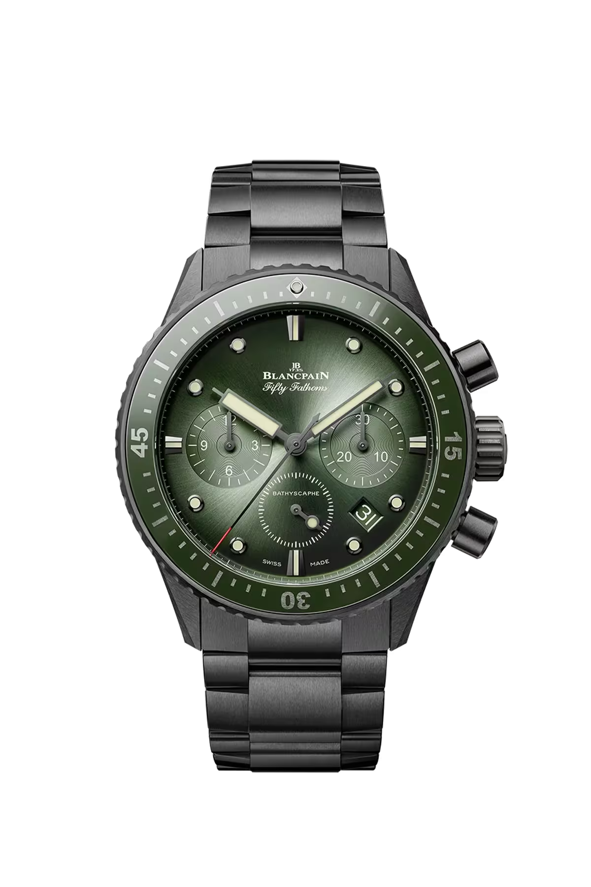 Blancpain Bathyscaphe Chronographe Flyback 43.6 mm with ceramic case and sunburst green dial, reference 5200-0153-01S