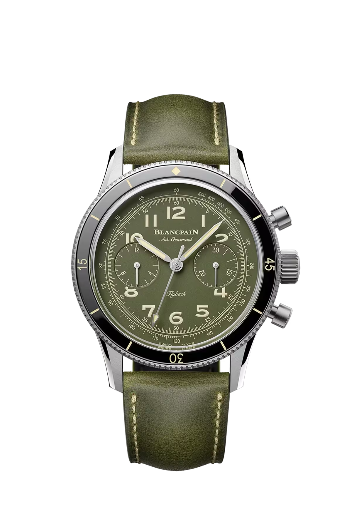 Blancpain Air Command 42.5 mm with titanium case and sunburst green dial, reference AC02-12B53-63B