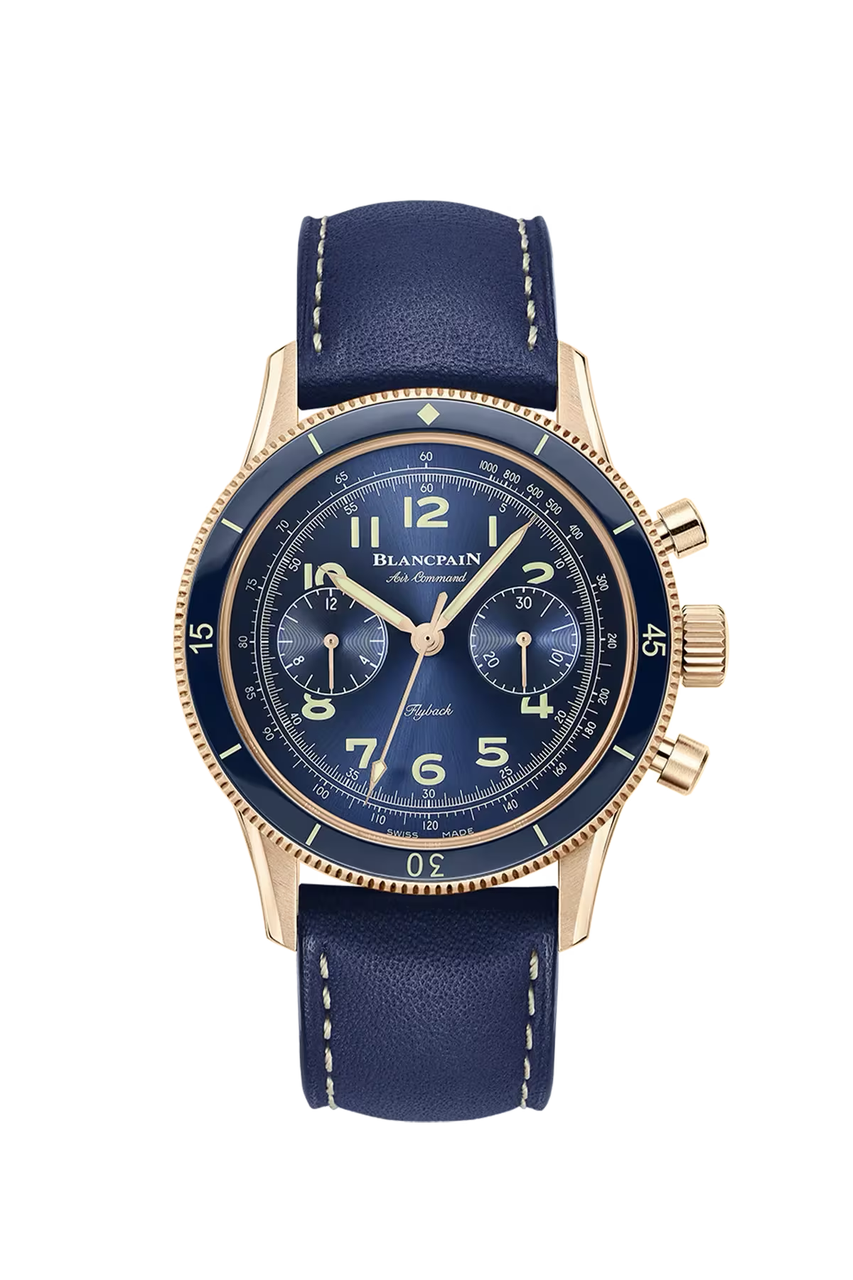 Blancpain Air Command 42.5 mm with red gold case and sunburst blue dial, reference AC02-36B40-63B
