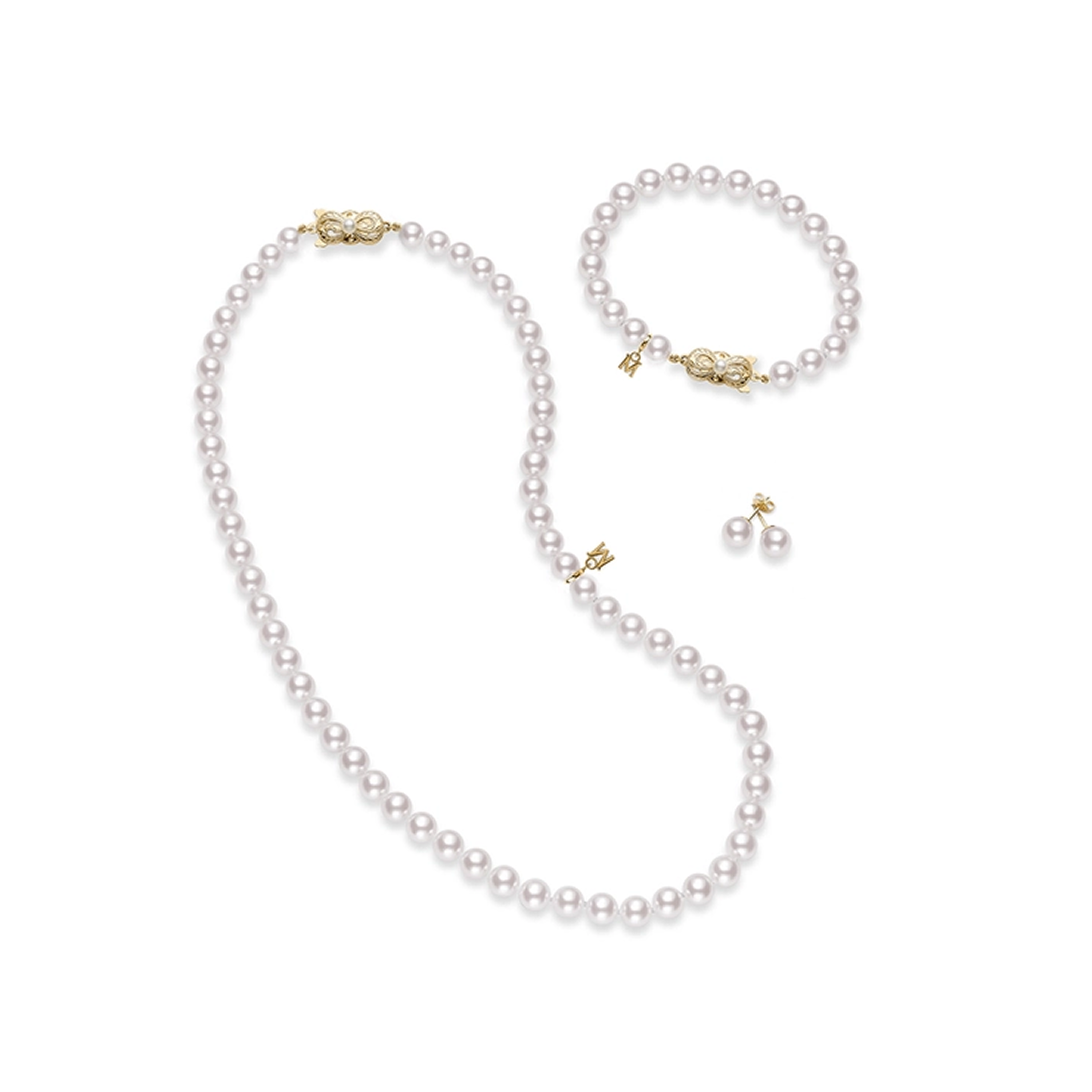 Akoya Cultured Pearl Three Piece Set in 18K Yellow Gold
