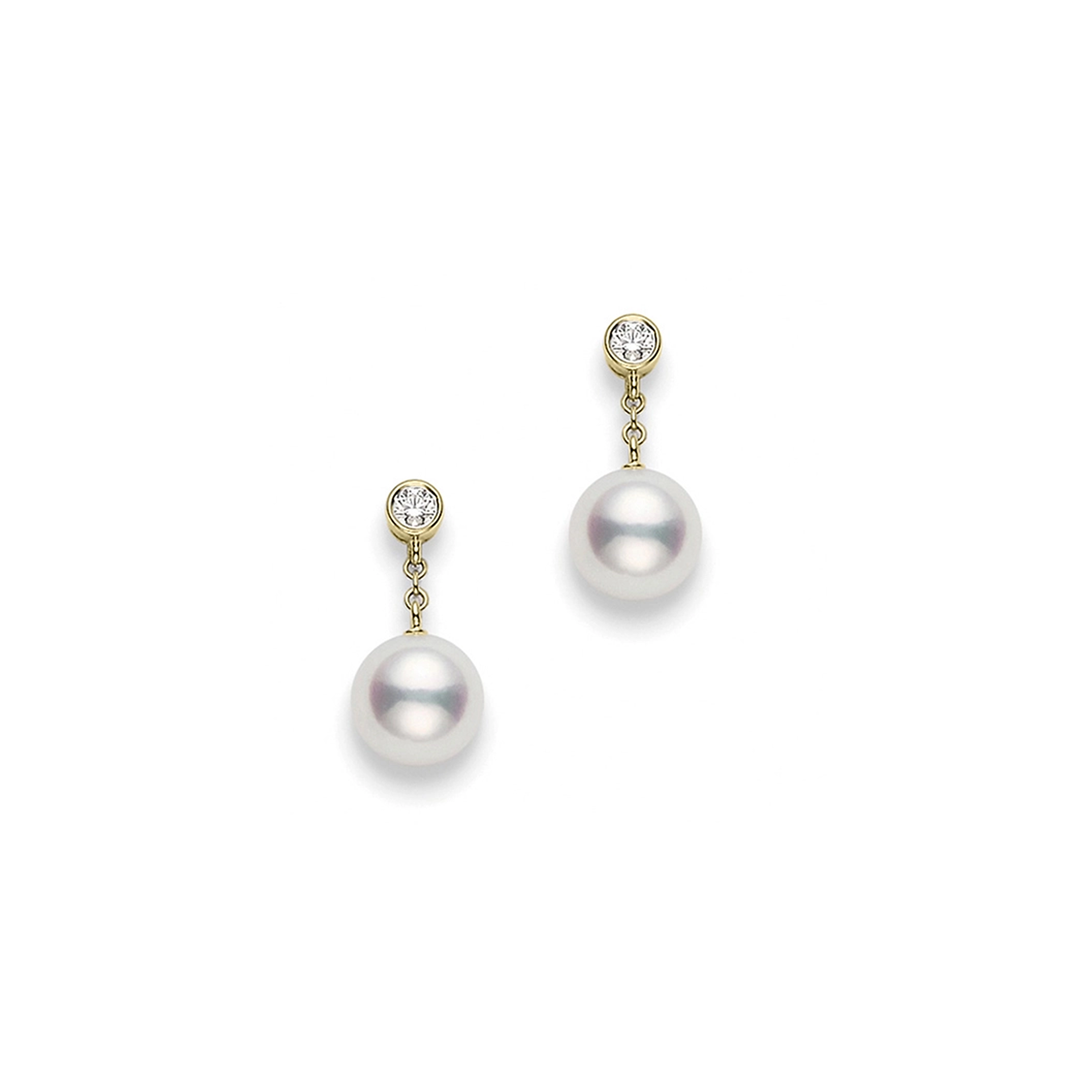 Classic Akoya Cultured Pearl and Diamond Drop Earrings in 18K Yellow Gold