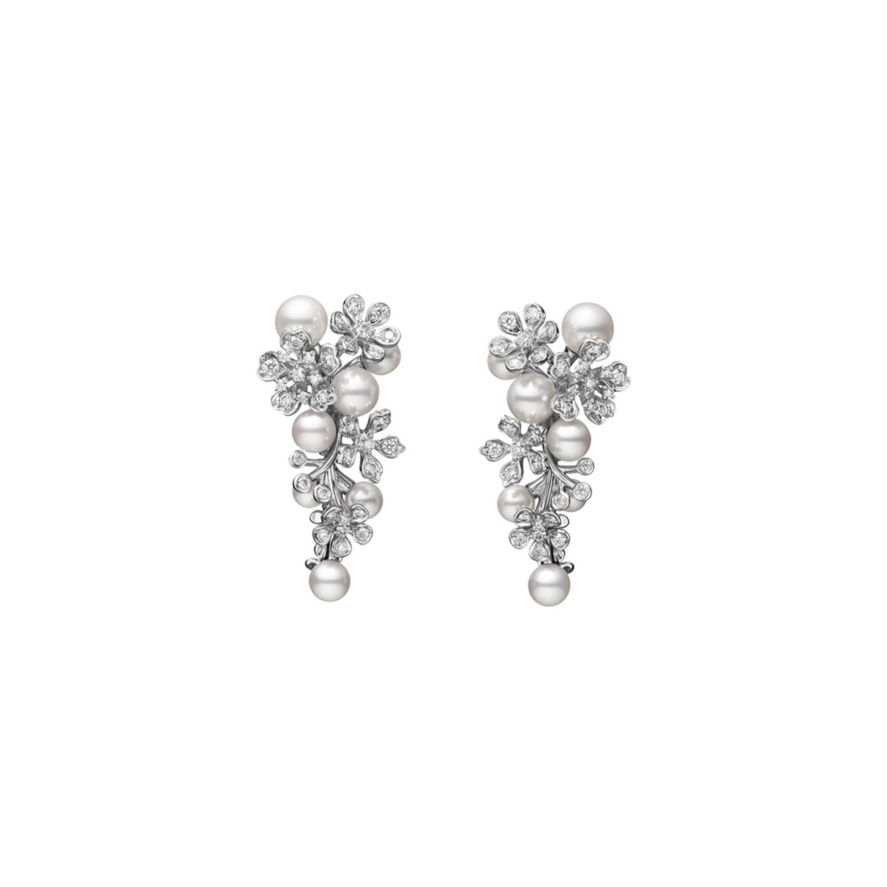 Mikimoto Bloom Akoya Cultured Pearl and Diamond Floral Earrings in 18K White Gold