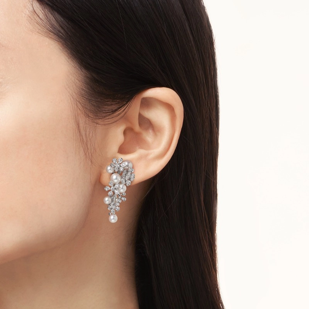 Mikimoto Bloom Akoya Cultured Pearl and Diamond Floral Earrings in 18K White Gold