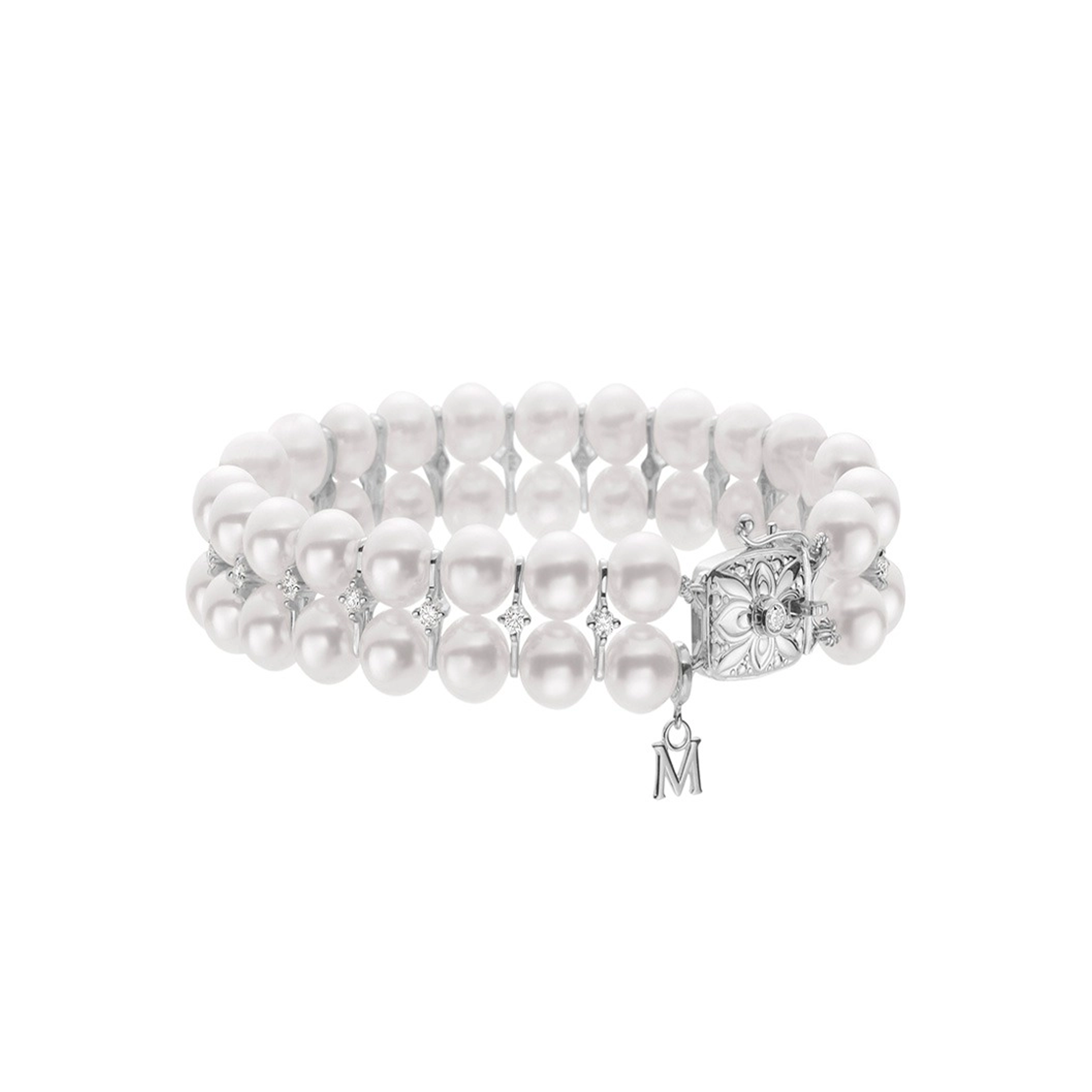 Akoya Cultured Pearl Two Row Bracelet with Diamonds