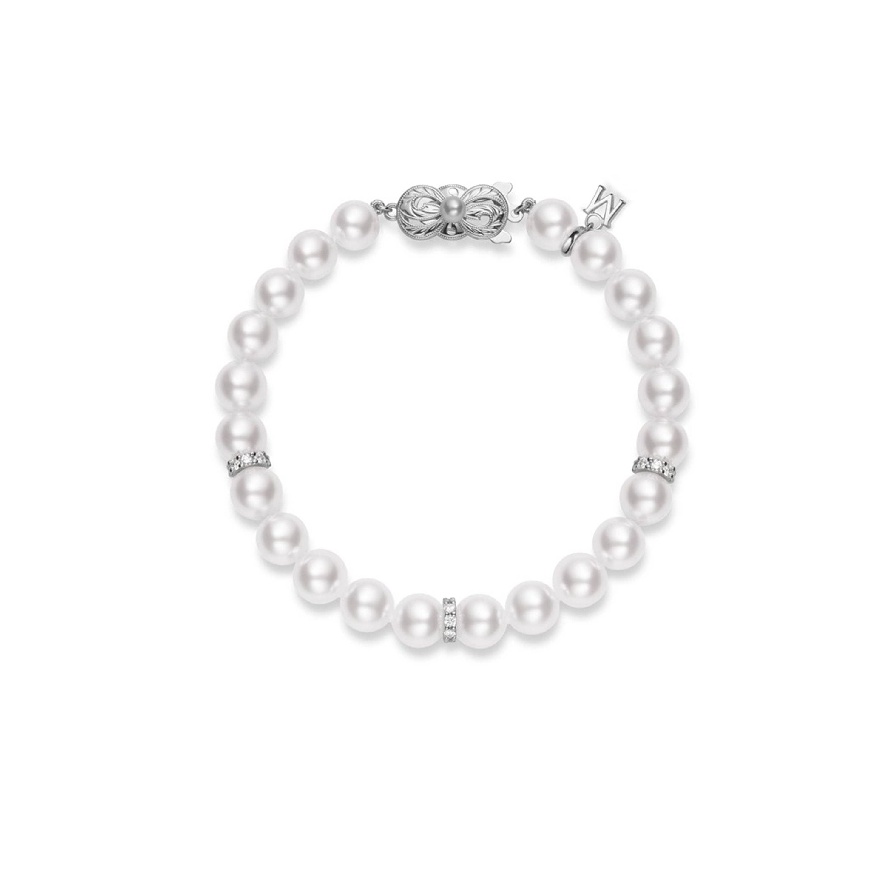 Akoya Cultured Pearl Bracelet with Diamond Rondelles in 18K White Gold