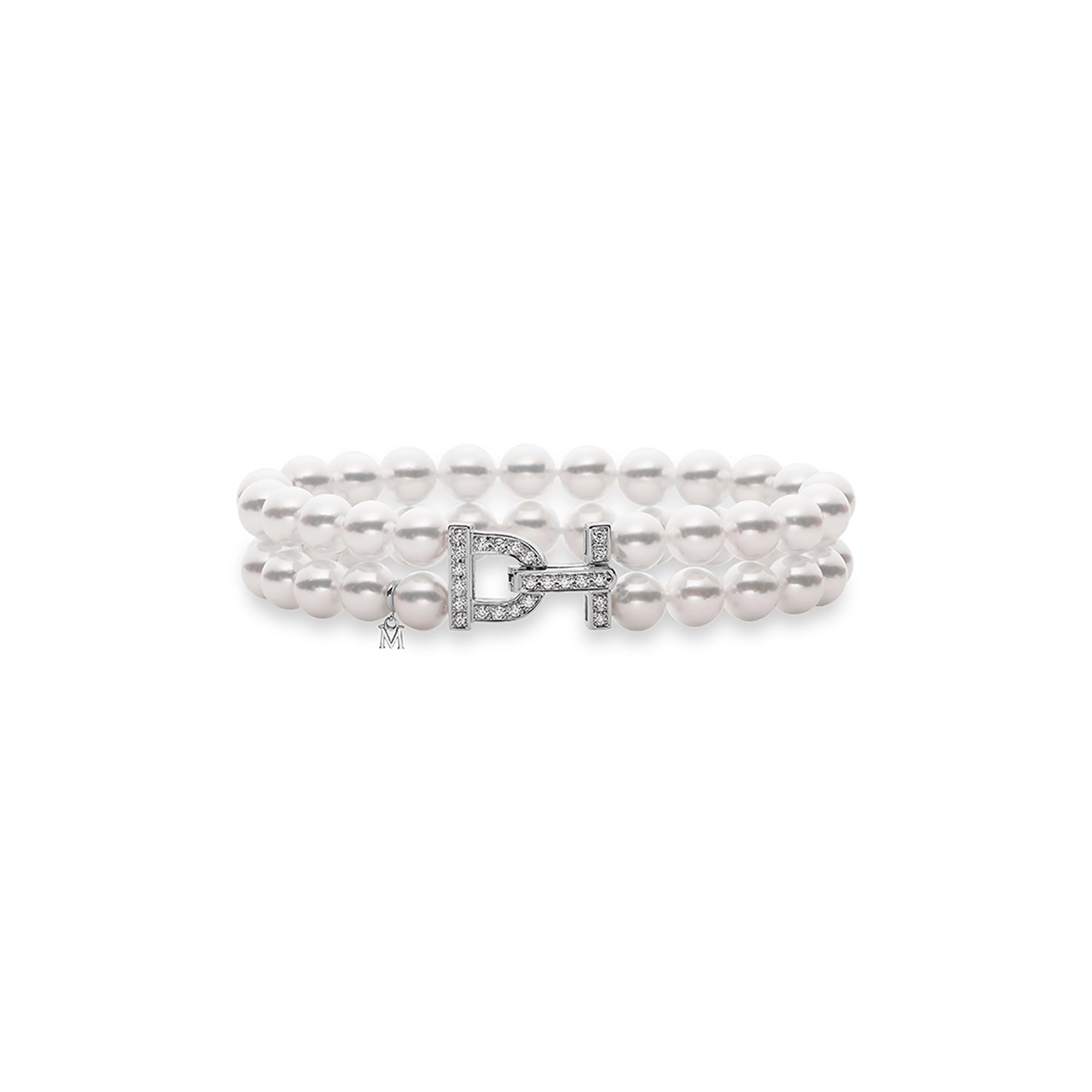 Classic Akoya Cultured Pearl Double Row Bracelet with Diamond Clasp