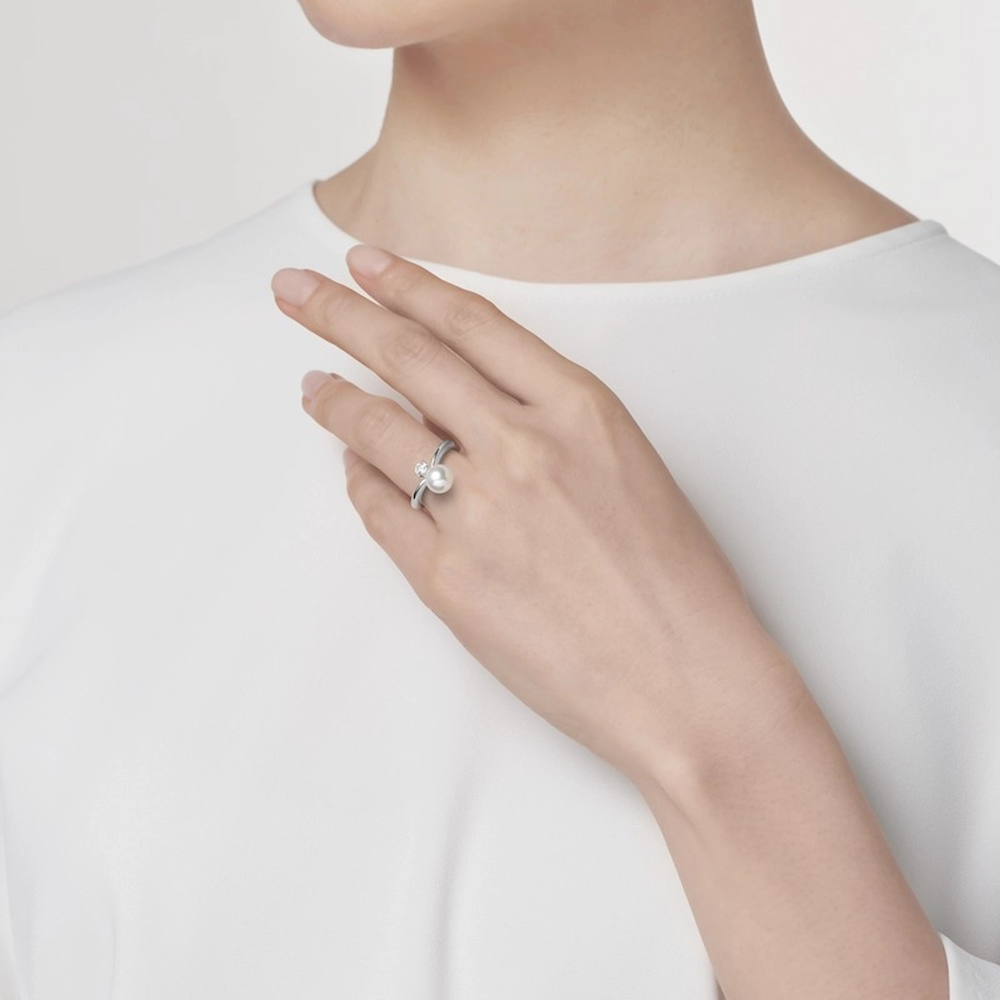 Akoya Cultured Pearl and Diamond Ring in Platinum