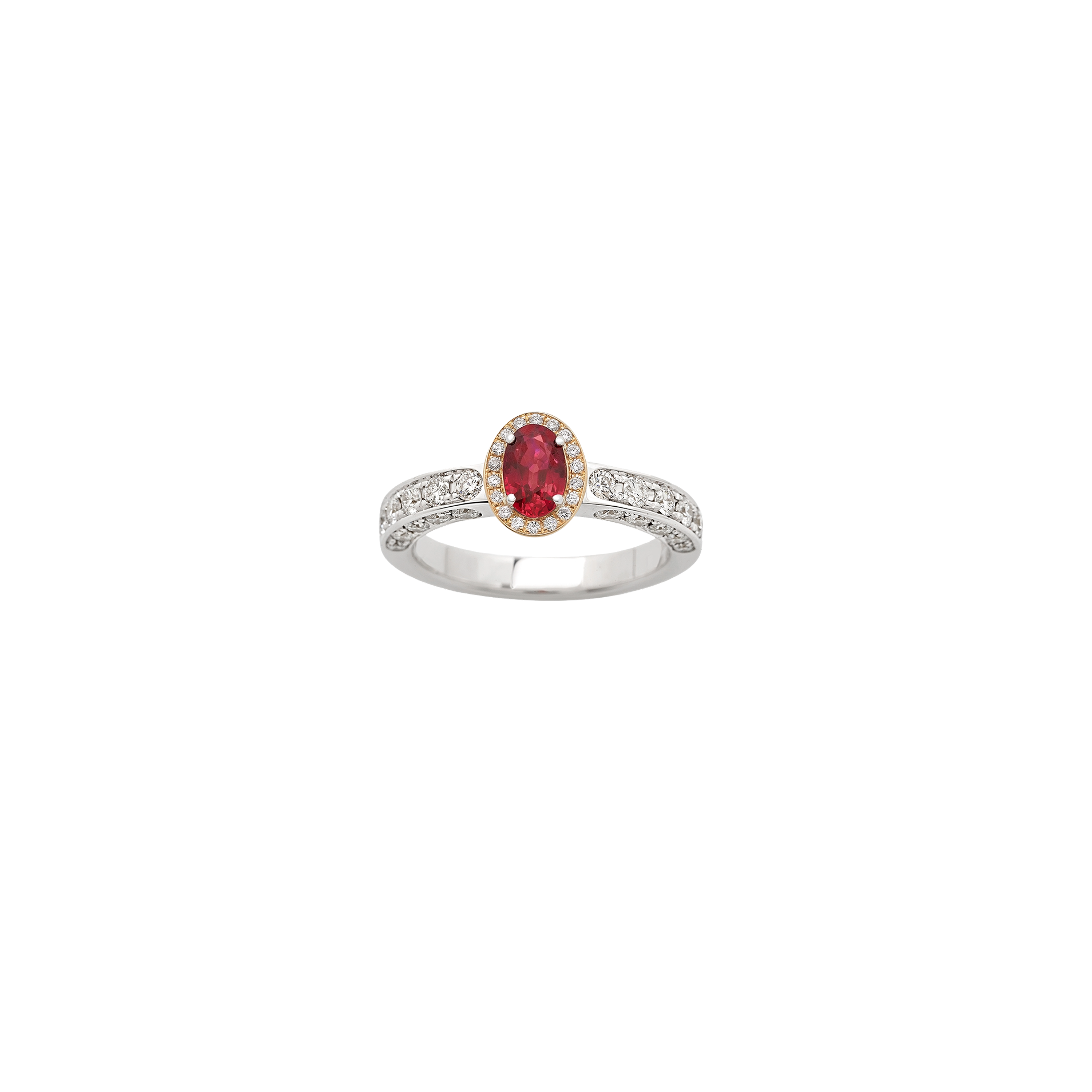white and pink gold with diamonds and ruby ring