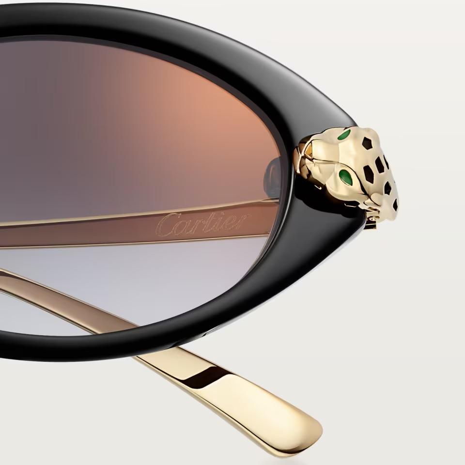 Солнцезащитные очки Cartier CRESW00798 с оправой из черного ацетата с золотистым покрытием и серыми градиентными линзами, 52 мм